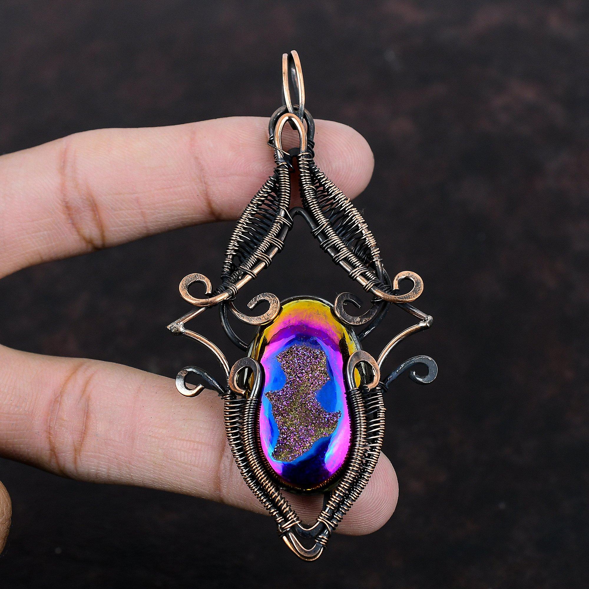 Titanium Druzy Pendant Copper Wire Wrapped Pendant Handmade Pendant Beautiful Copper Jewelry Gemstone Pendant Wire Wrap Jewelry Gift For Him