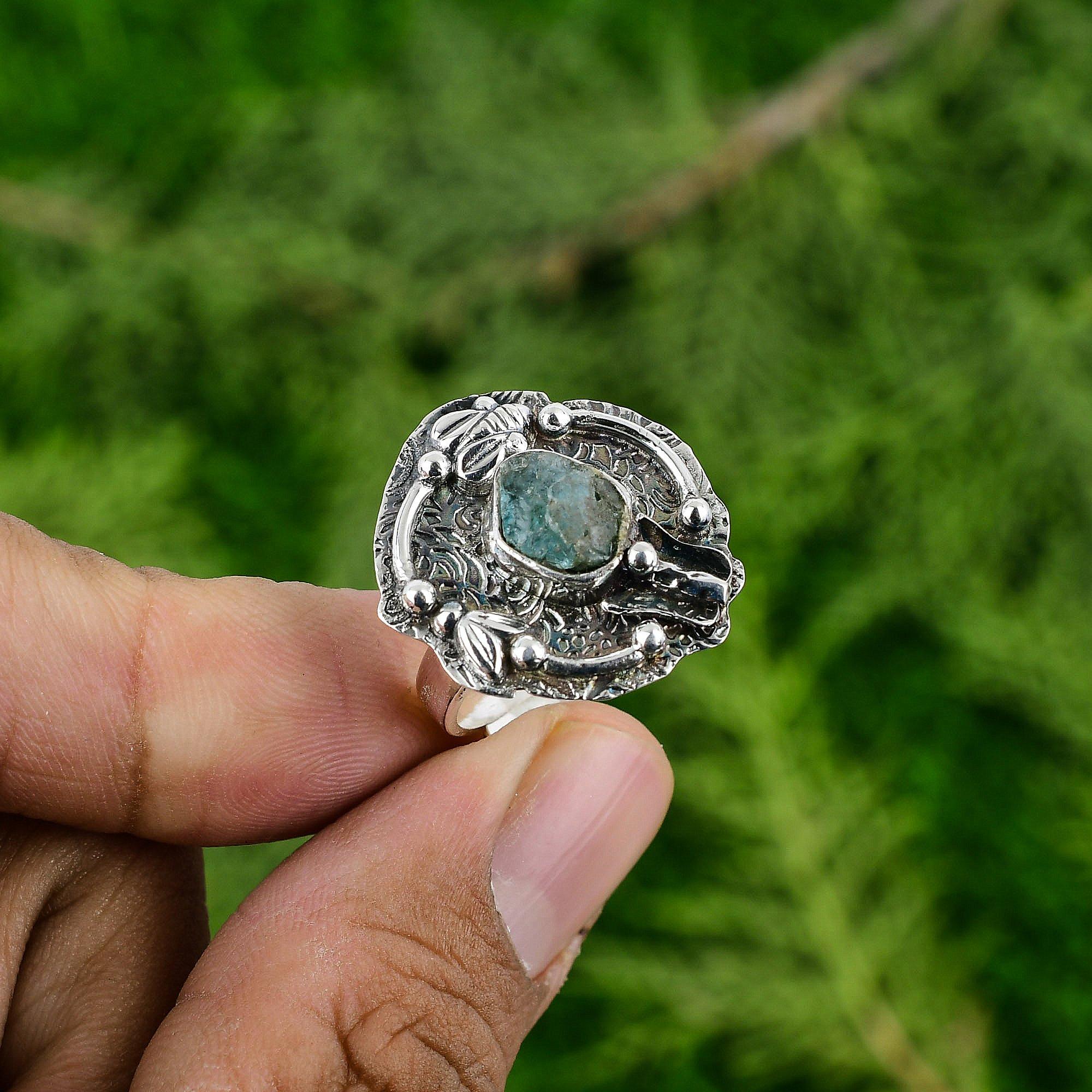 Sterling Silver Octagon Neon Apatite Rough Gemstone Daughter Promise Trendy Ring