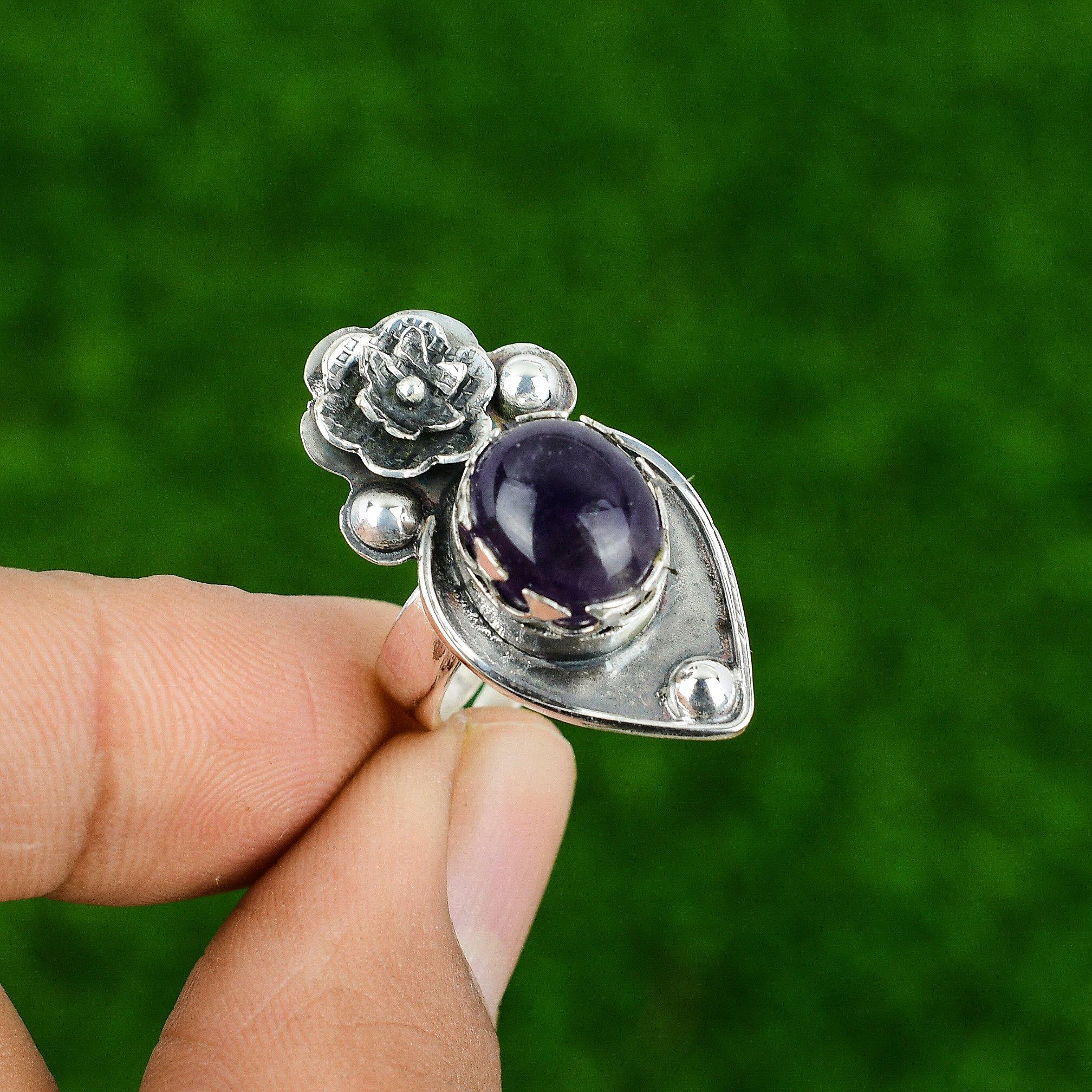 Gift For Her 925 Silver Natural African Amethyst Promise Flower Adjustable Ring