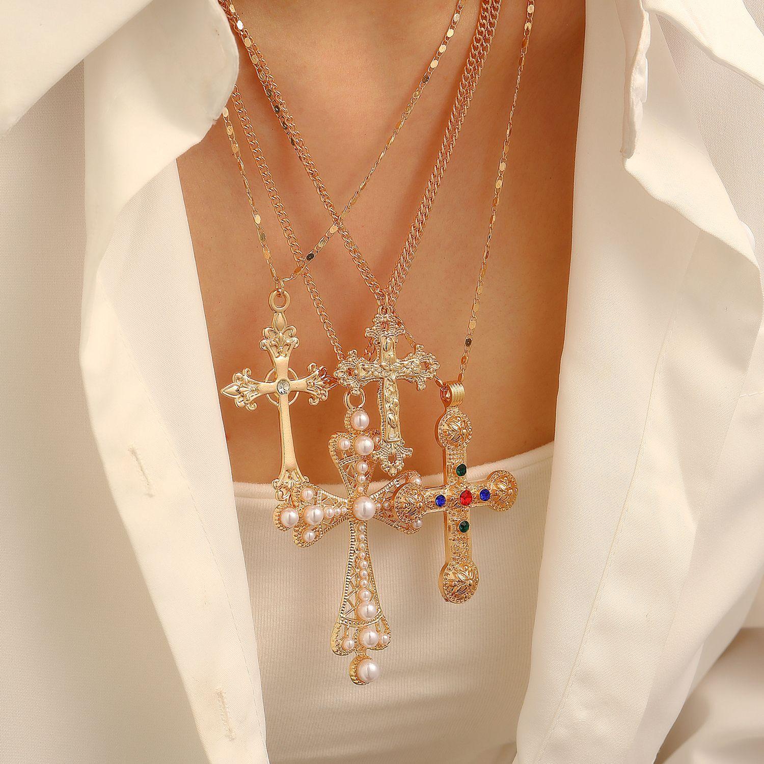 Exaggerated Fashion Electroplate Inlaid Colored Imitation Diamonds Cross Four Piece Necklace Pendant Set