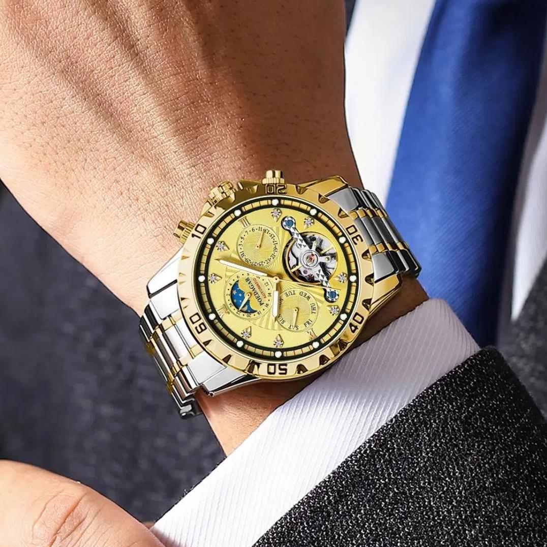 POEDAGAR Luxury Men Gold Automatic Mechanical Watch Moon Phase Hollow Tourbillon Wristwatch Auto Date Week Stainless Steel Watches