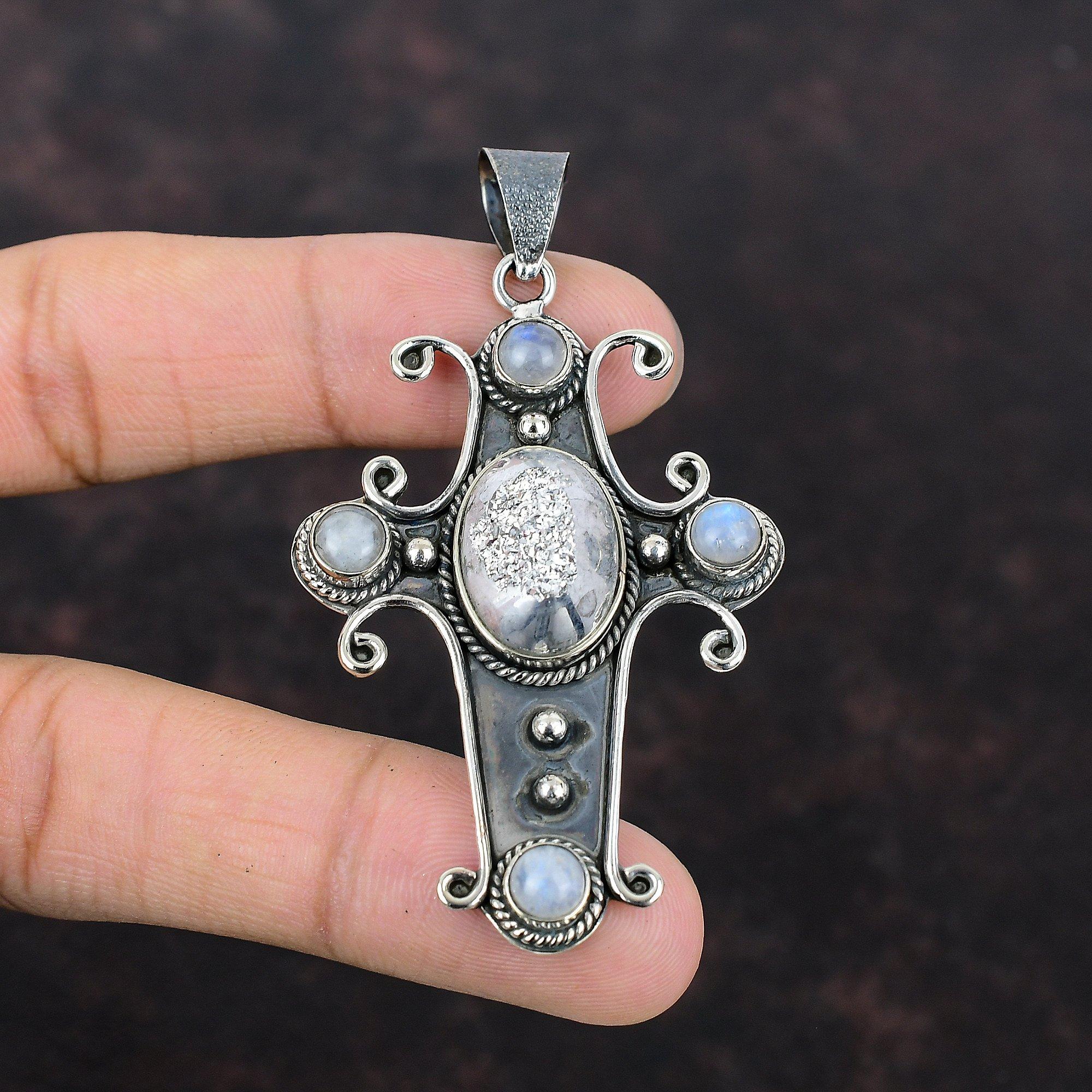 Silver Titanium Druzy Pendant Gemstone Pendant 925 Sterling Silver Pendant Cross Pendant Handmade Rainbow Moonstone Jewelry Engagement Gift