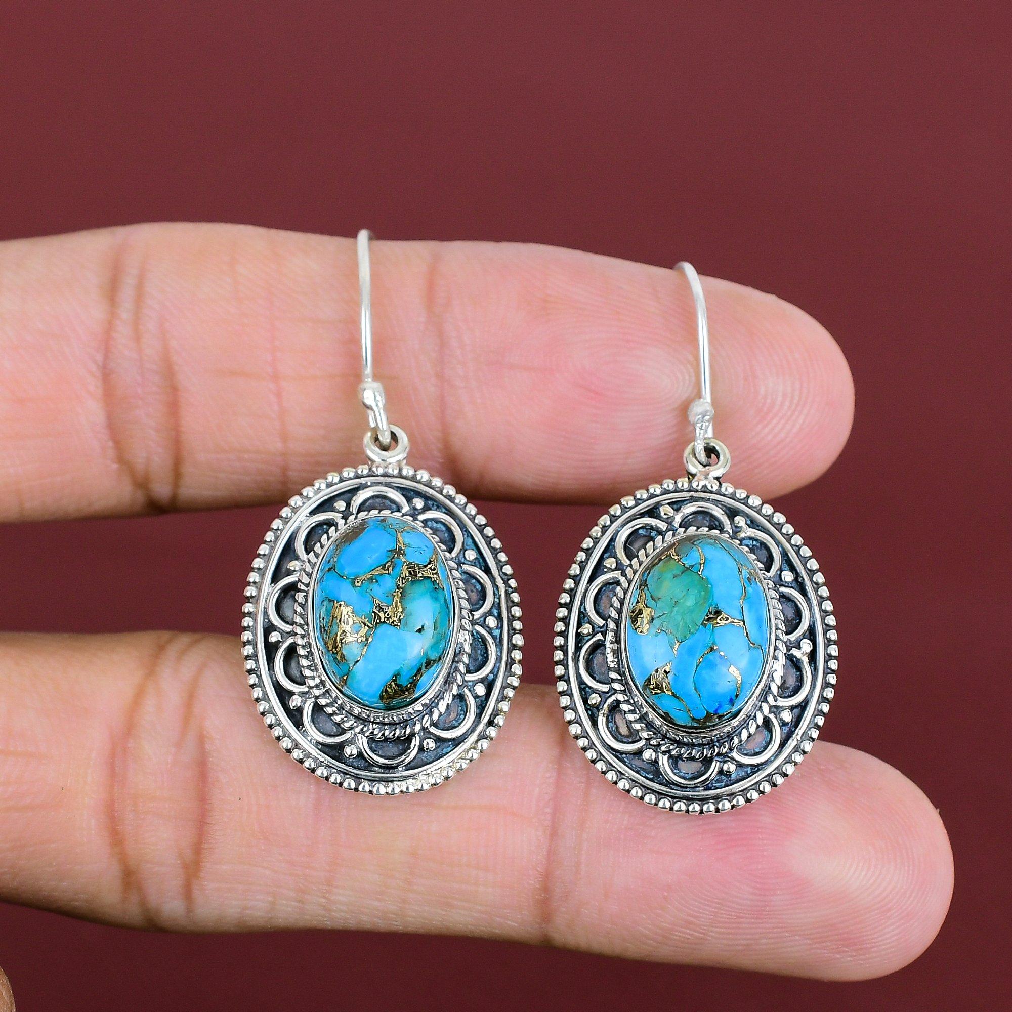 Copper Blue Turquoise Earring Gemstone Earrings 925 Sterling Silver Earring Vintage Jewelry Handmade Earring Gifts For Women Elegant Jewelry
