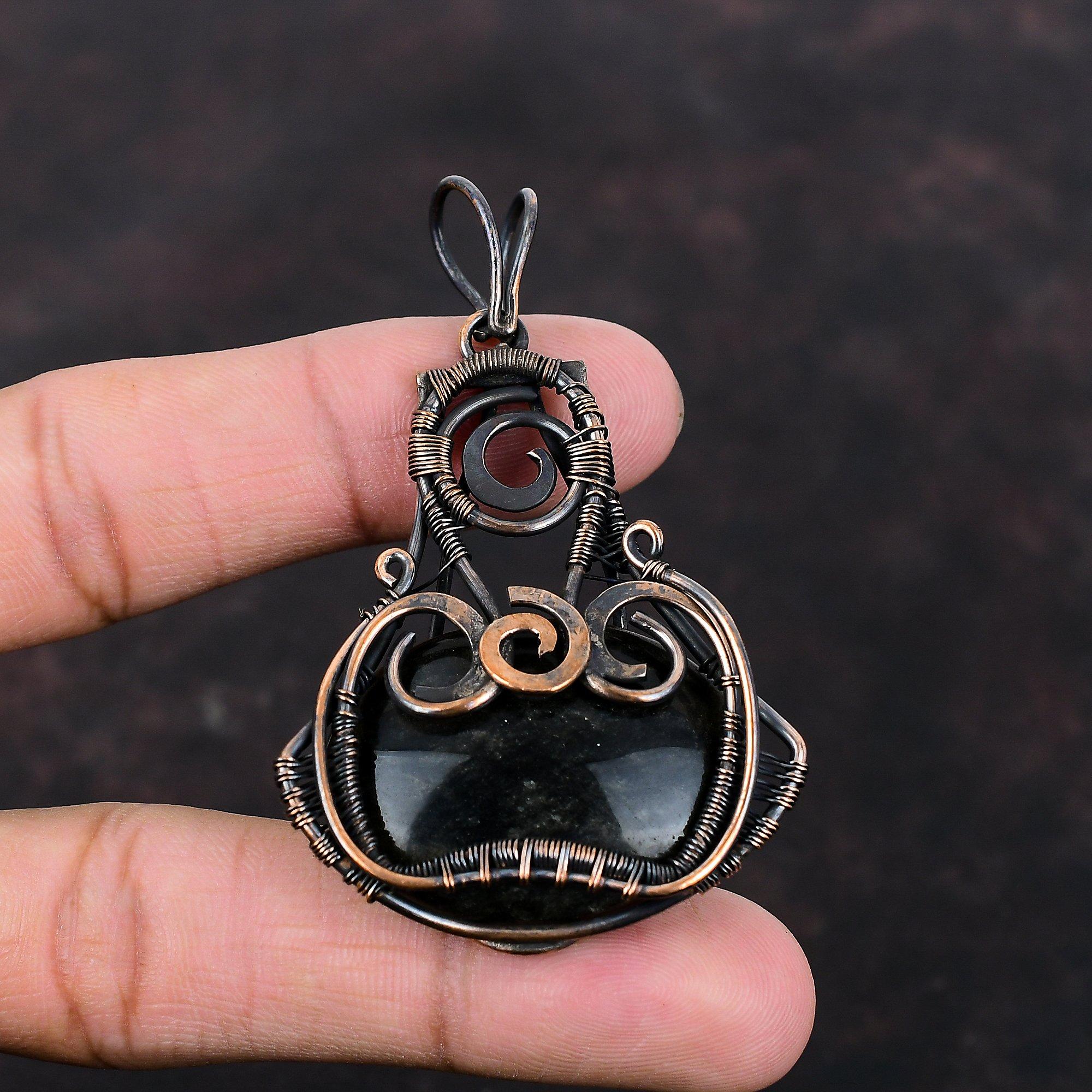 Silver Sheen Obsidian Pendant Copper Wire Wrapped Pendant Handmade Jewelry Gemstone Pendant Brand New Pendant Copper Jewelry Gift For Mother