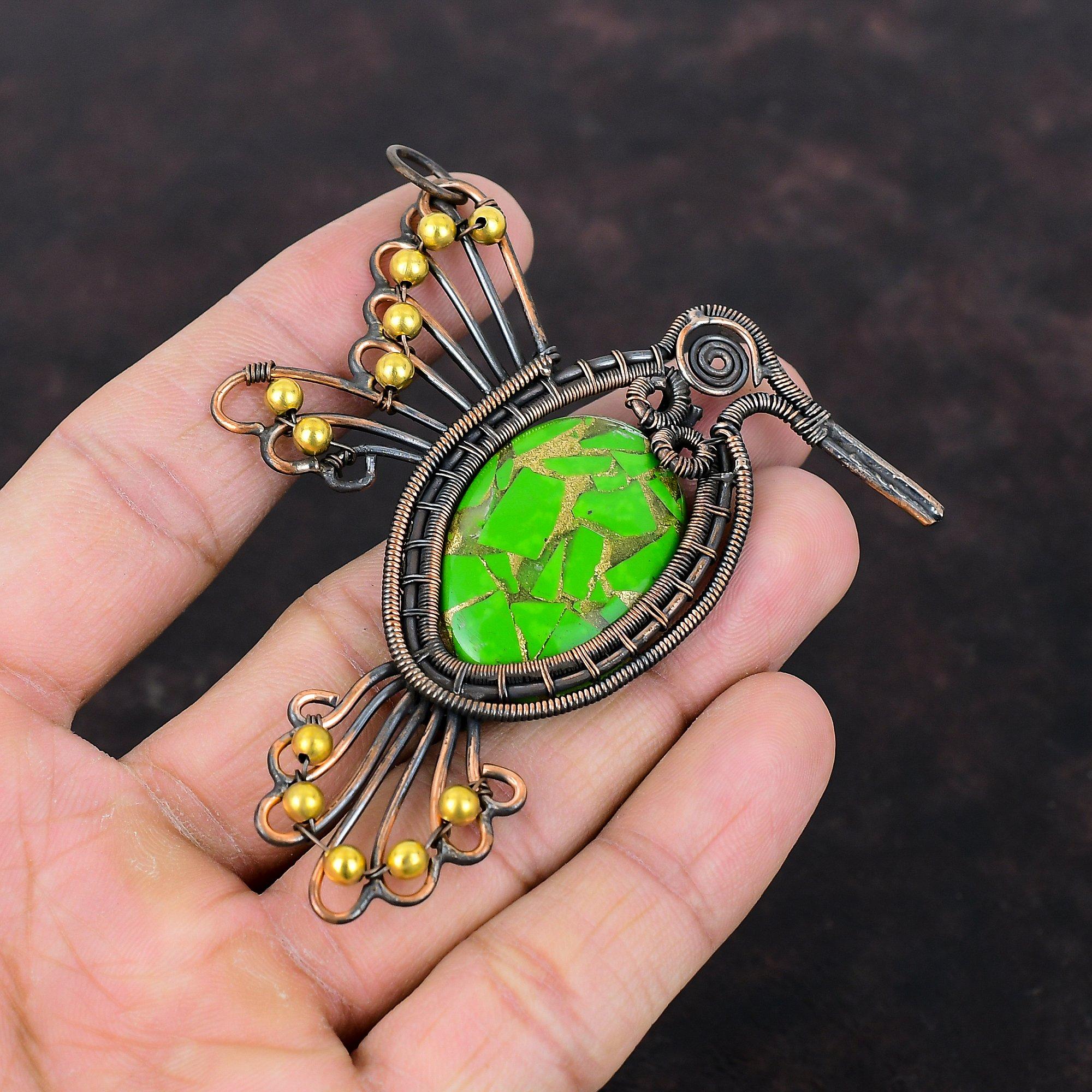 Copper Green Turquoise Pendant Copper Wire Wrapped Pendant Handmade Gemstone Jewelry Bird Design Pendant Gift For Her Antique Copper Jewelry