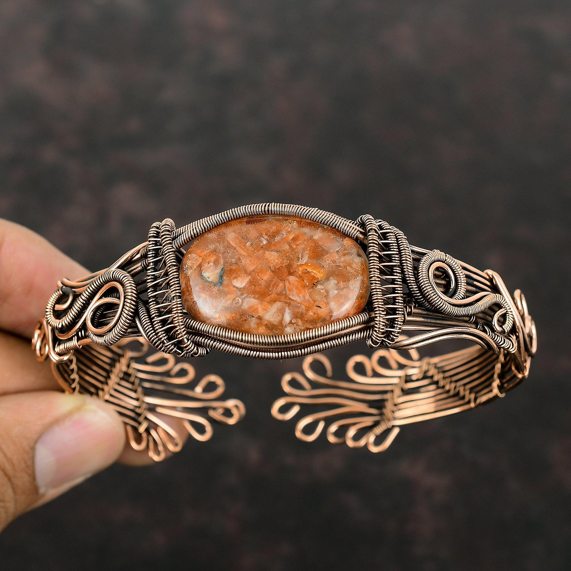 Sunstone Cuff Bracelet Copper Wire Wrapped Bangle Adjustable Bangle Sunstone Gemstone Stylish Jewelry Handmade Cuff Bracelet Wire Wrap Cuff