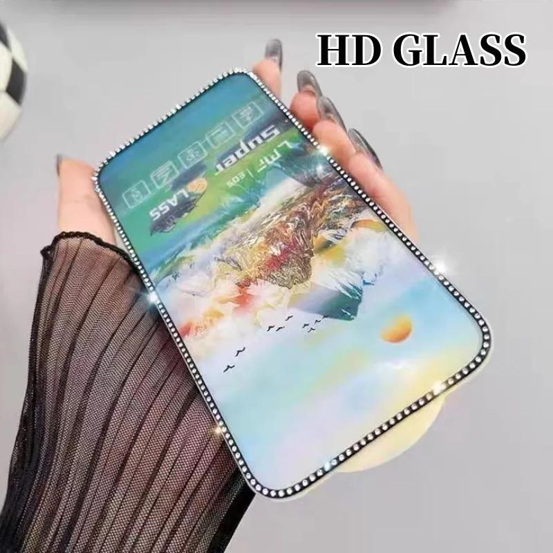 New Diamond Plated Tempered Glass For Iphone 16 15 14 13 12 11 Pro Max X XS XR XS Max 3D Stereoscopic Diamond Inlaid Anti Peeping Matte Glass