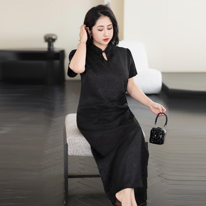 Plus Size Summer Dress Jacquard Cheongsam Mid-length Short-sleeved Dresses
