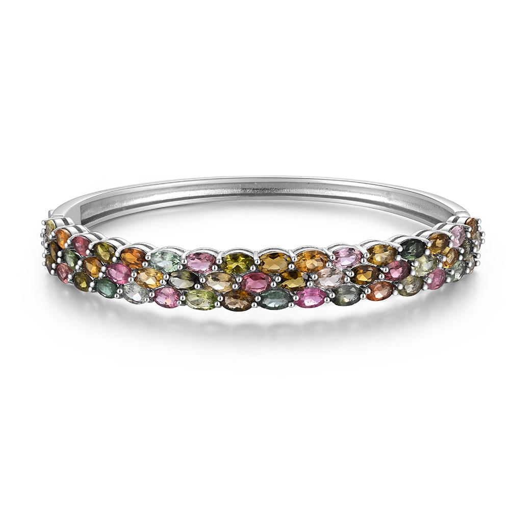 Natural Multi-Tourmaline Silver Bangle S925 Silver Fine Jewelry with Colorful Real Gemstones Fine Jewlery for Women Nice Gift