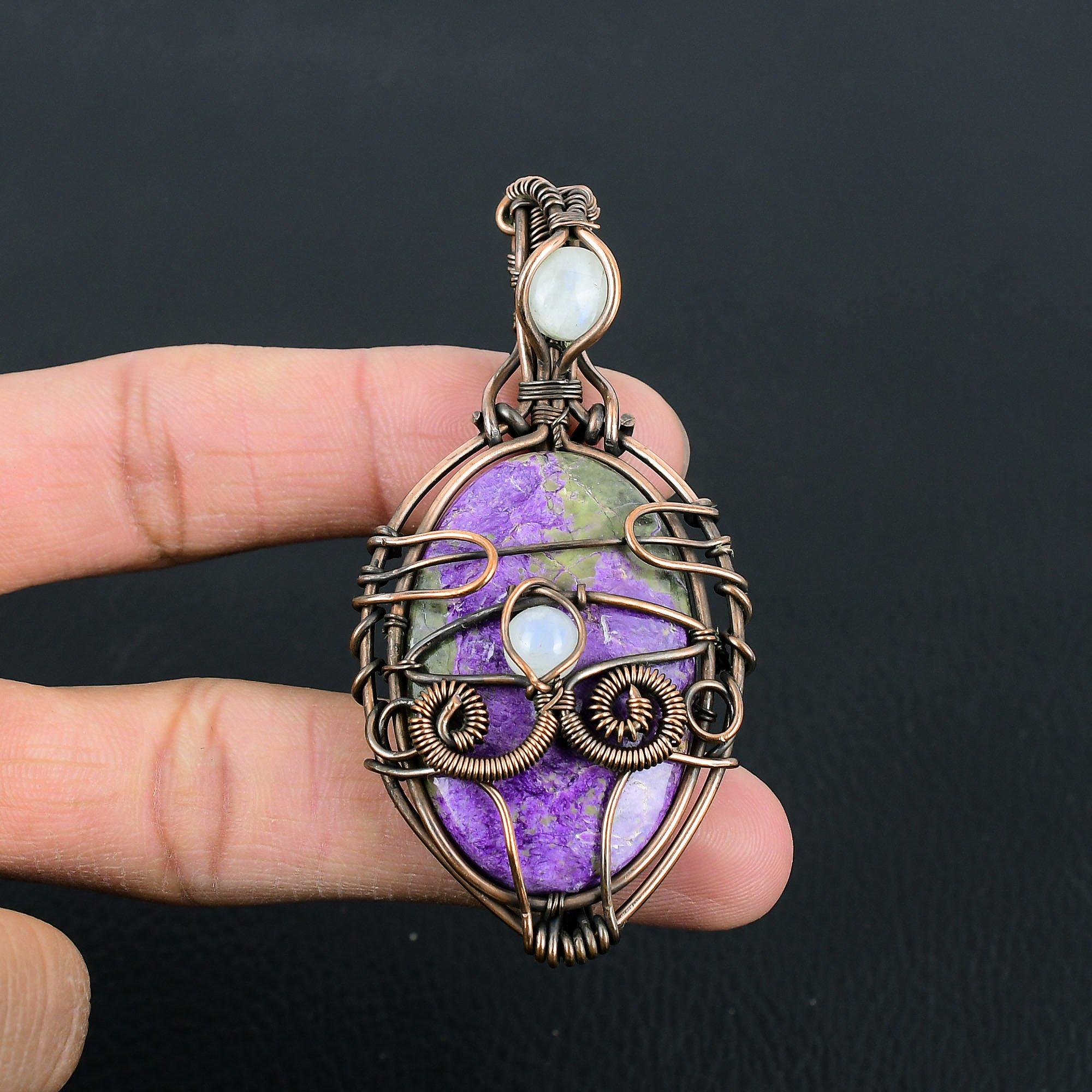 Purpurite & Moonstone Gemstone Handmade Pure Copper Wire Wrap Jewelry Pendant For Thanksgiving