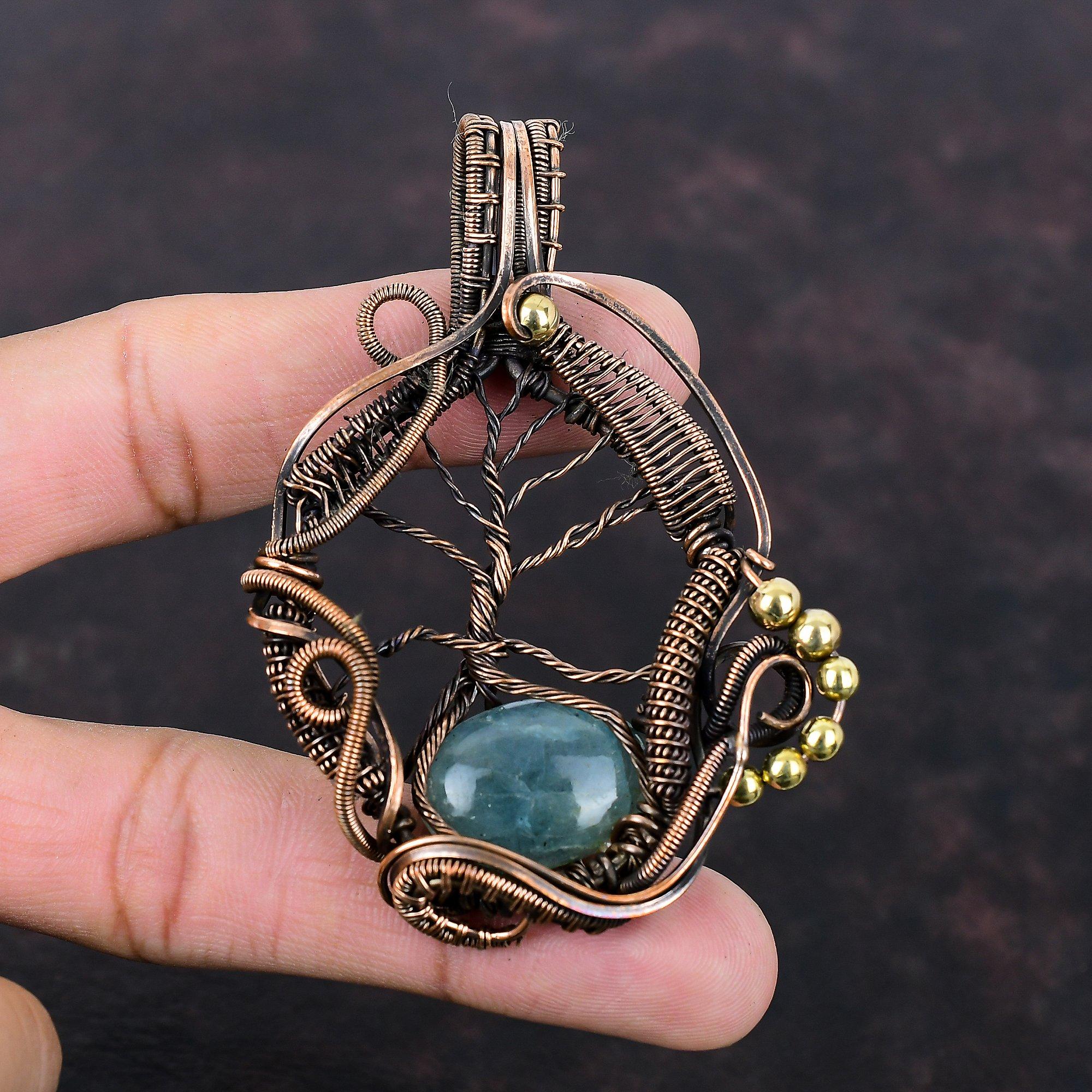 Baum des Lebens Aquamarin Anhänger Kupferdraht gewickelter Anhänger Handgefertigter Kupferschmuck Sehr hübscher Edelsteinanhänger Geschenk für sie Heilstein