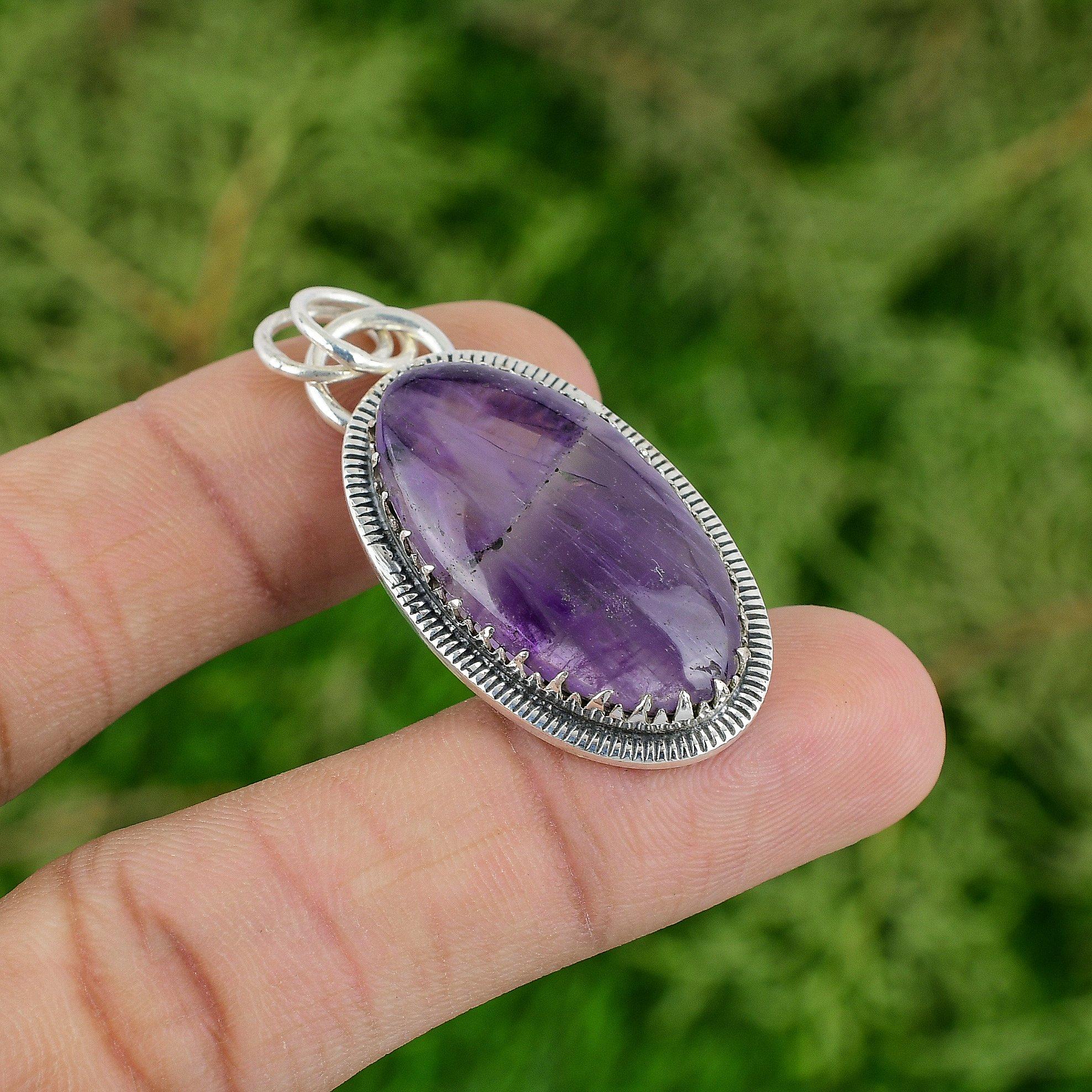 Oval African Amethyst Stone Bezel Wife Artisan New Pendant 925 Sterling Silver