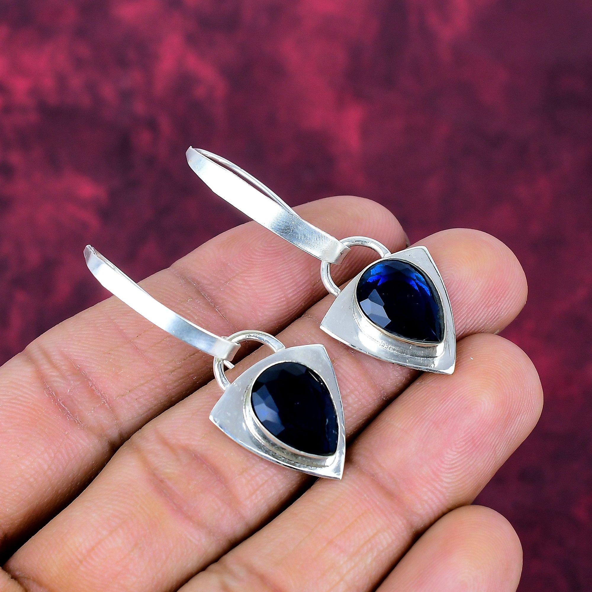 Blue Sapphire Earrings, Handmade Gemstone Earrings, 925 Solid Sterling Silver Earrings Antique Jewelry, For Engagement Gift