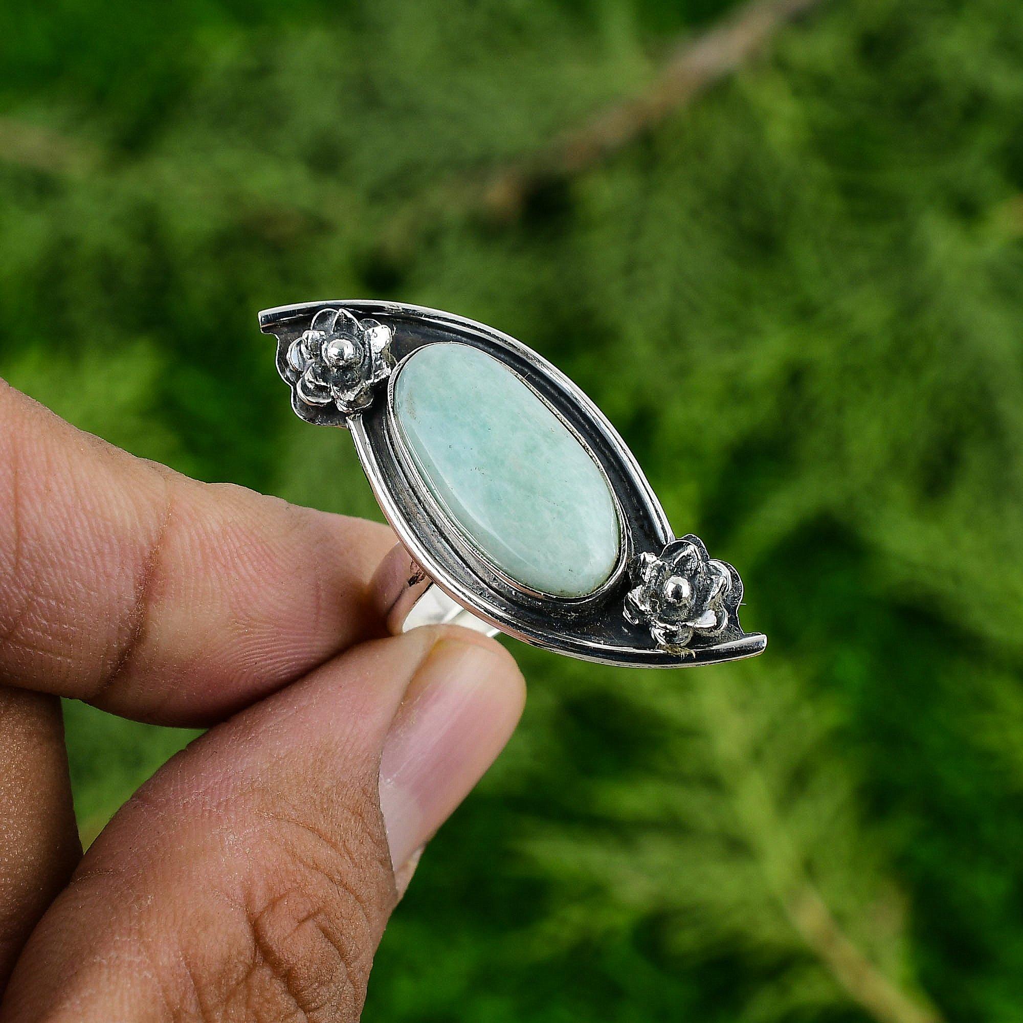 Mothers day Sale Amazonite Gemstone Anniversary Flower Promise Ring 925 Silver