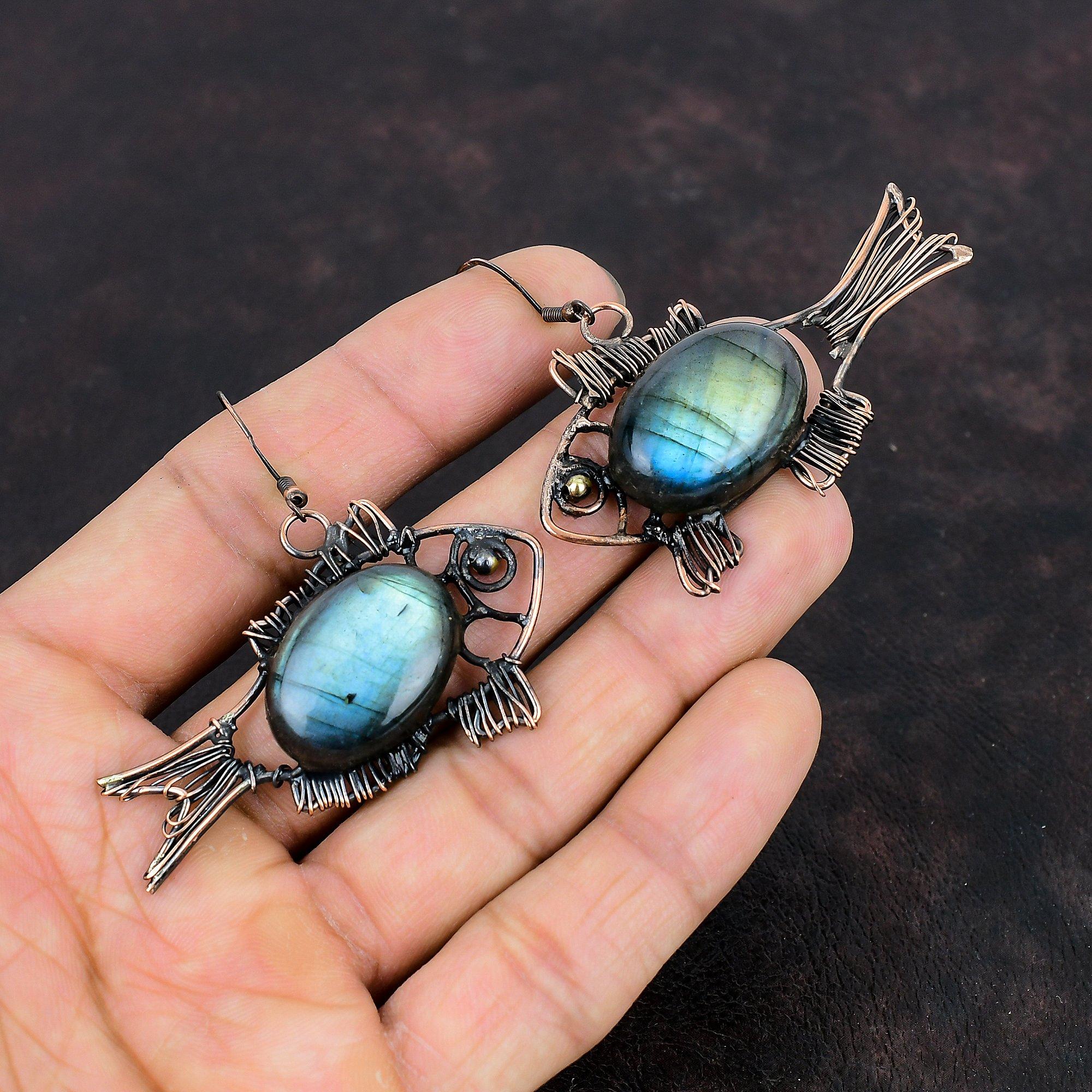 Cercei de cupru labradorit Bijuterii învelite în sârmă de cupru Cerceu cu pietre prețioase de pește Bijuterii antice lucrate manual Cercei învelite în sârmă Cadouri pentru prieten