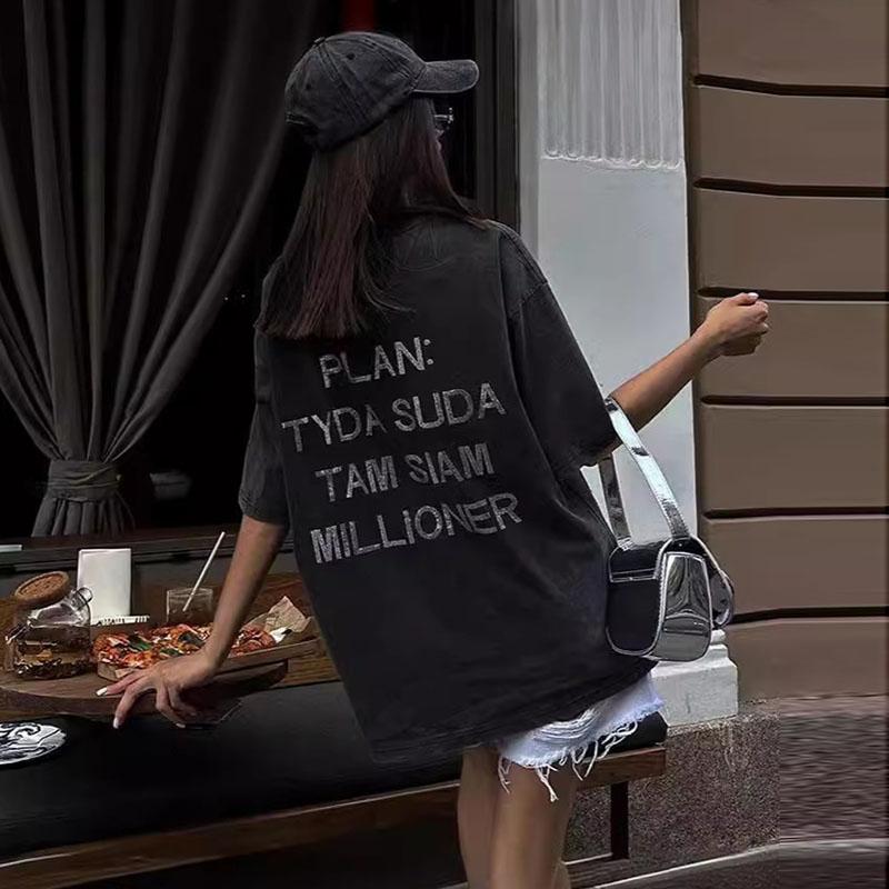 Vintage Causal Rhinestone Cotton T Shirts Women Summer Letter Printed Short Sleeve Shirts Street Versatile Tops