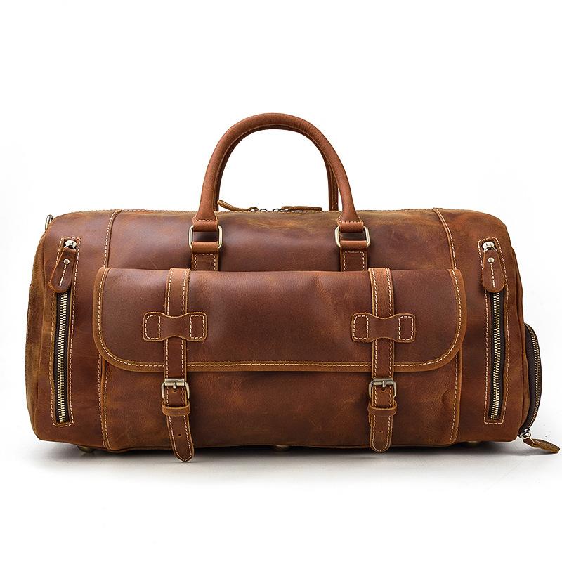 Retro Crazy Horse Leather Travel Bag Men Business Trip Genuine Leather Handbag Leisure Fitness Bag with Shoes Storage Pocket Luggage Bag