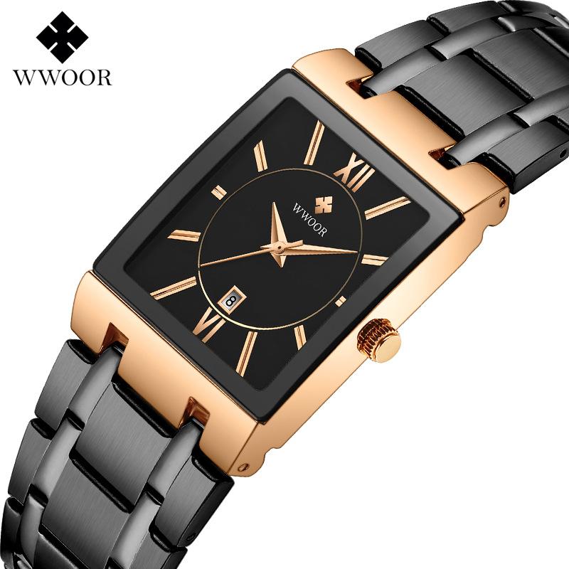 Fashion Stainless Steel Watches Men WWOOR Square Waterproof Quartz Watch Men Top Brand Luxury Gold Black Wristwatch