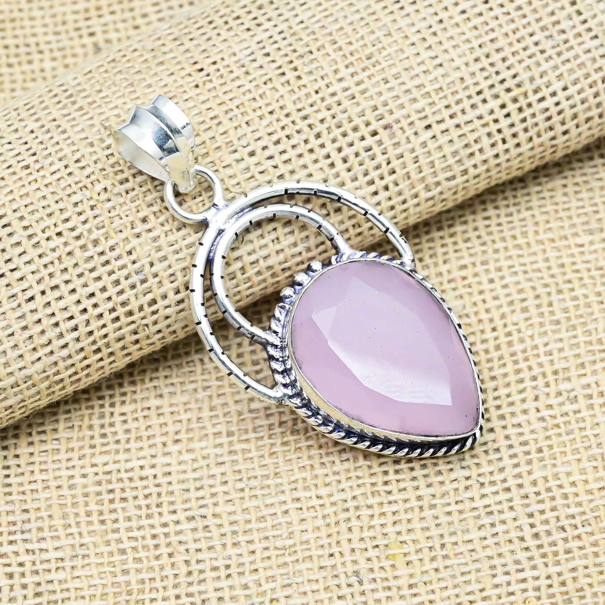 Pink Chalcedony Gemstone Handmade 925 Solid Sterling Silver Jewelry Dazzling Pendant Gift For Her