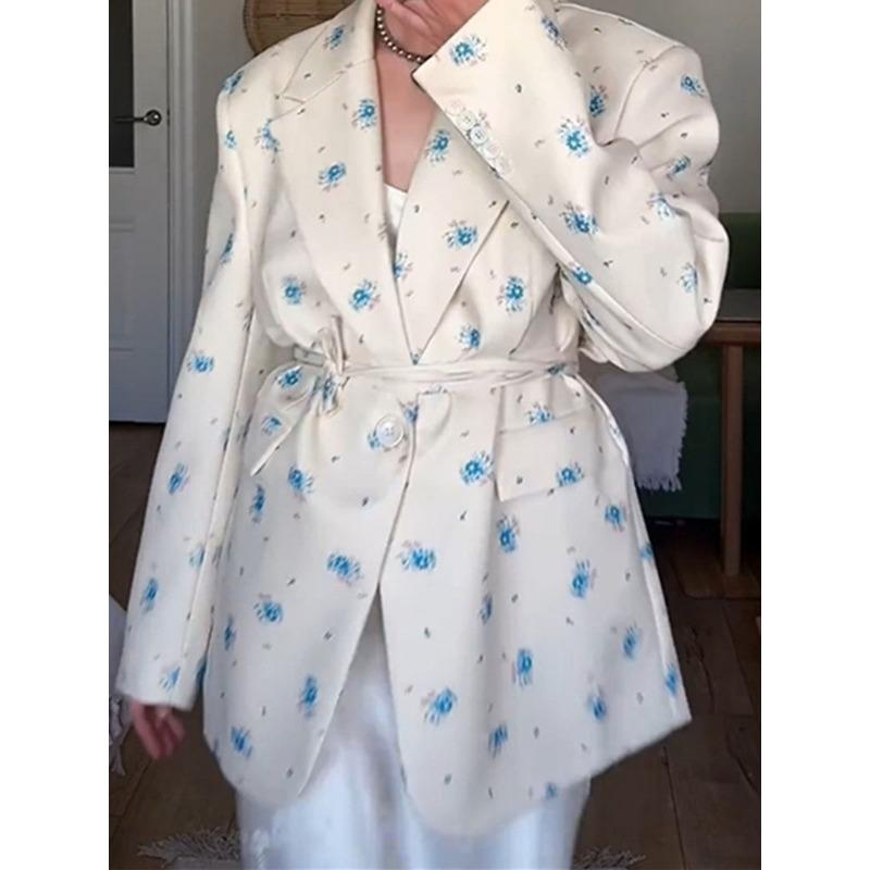 Dámské sako s potiskem, klopami a vázáním v pase, volný kabát s dlouhým rukávem, tenký, jaro a léto 2025