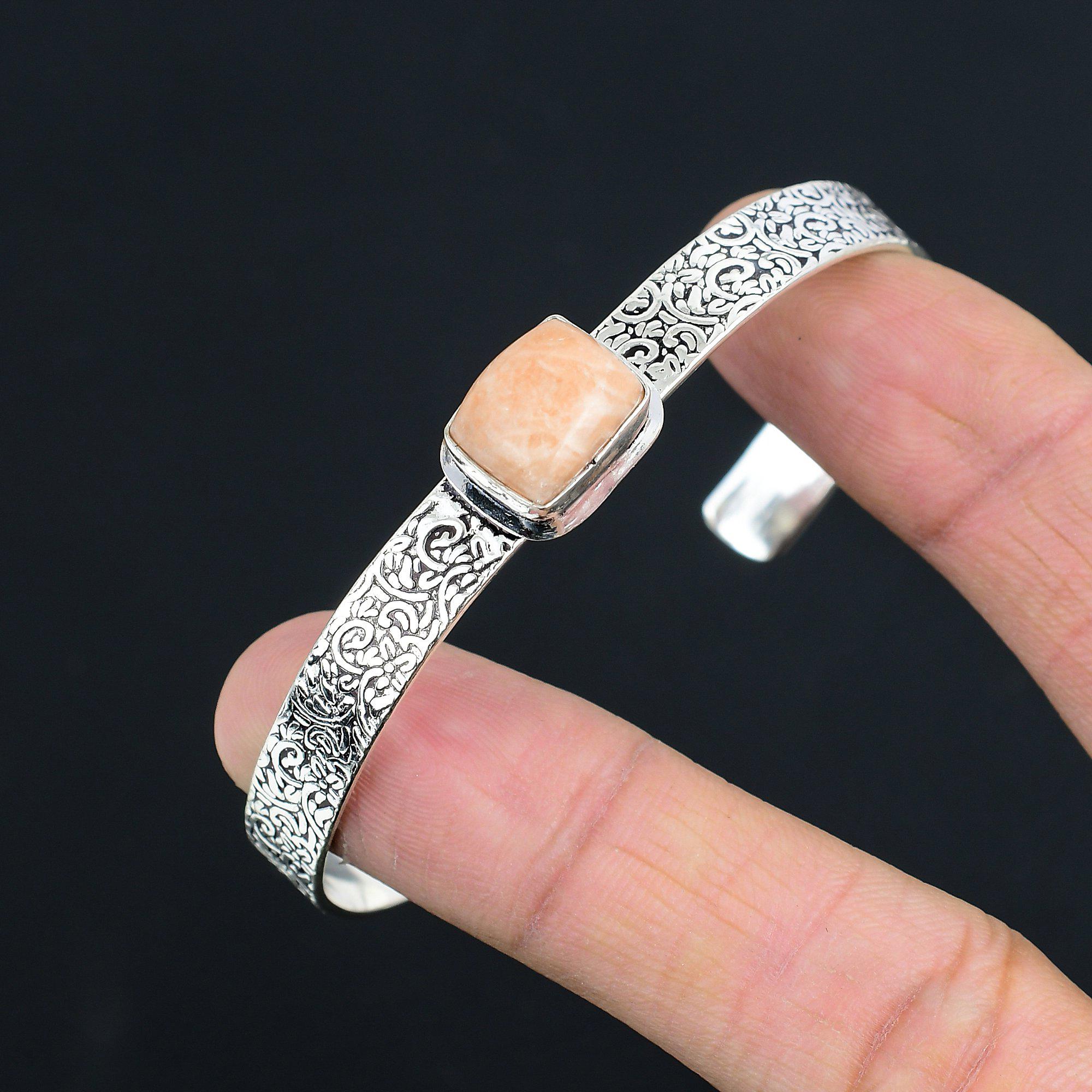 Mothers Day Deal 925 Sterling Silver Orange Aventurine Stone Heart Chakra Bangle