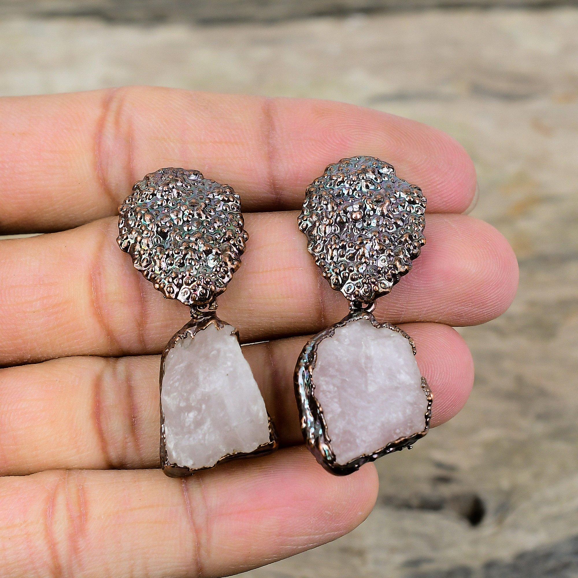 Rose Quartz Rough Earring Gemstone Earring Electroformed Copper Earrings Handmade Electroformed Jewelry Gift For Her Latest Design Earrings