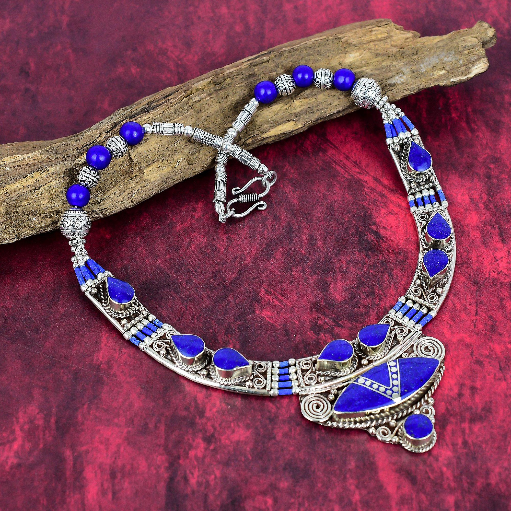 Lapis Lazuli Necklace Handmade Nepali Jewelry, 925 Solid Sterling Silver Necklace Designer Gemstone Jewelry  Necklace Gift For Mom