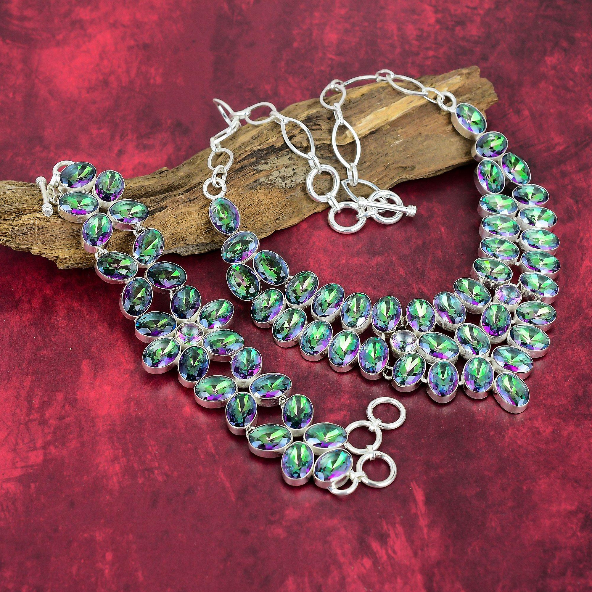 Mystic Topaz 925 Solid Sterling Silver Necklace, Handmade Gemstone Bracelet Jewelry, Necklace & Bracelet Jewelry Set For Memorial Day