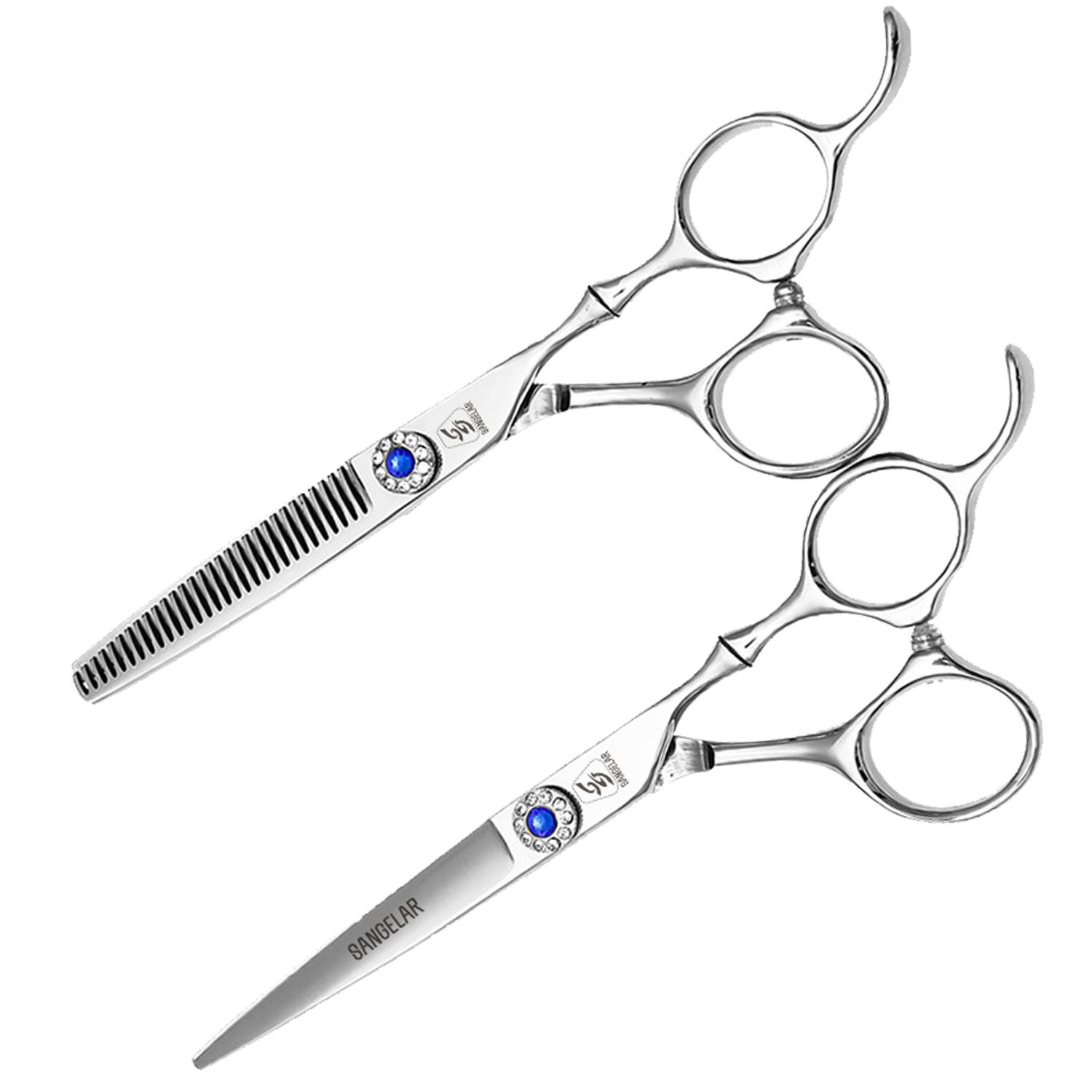 SANGELAR 6 Inch Silver Hairdressing Hair Scissors Cutting Shear Thinning Scissors Haircut Professional Top Grade Hair Scissors