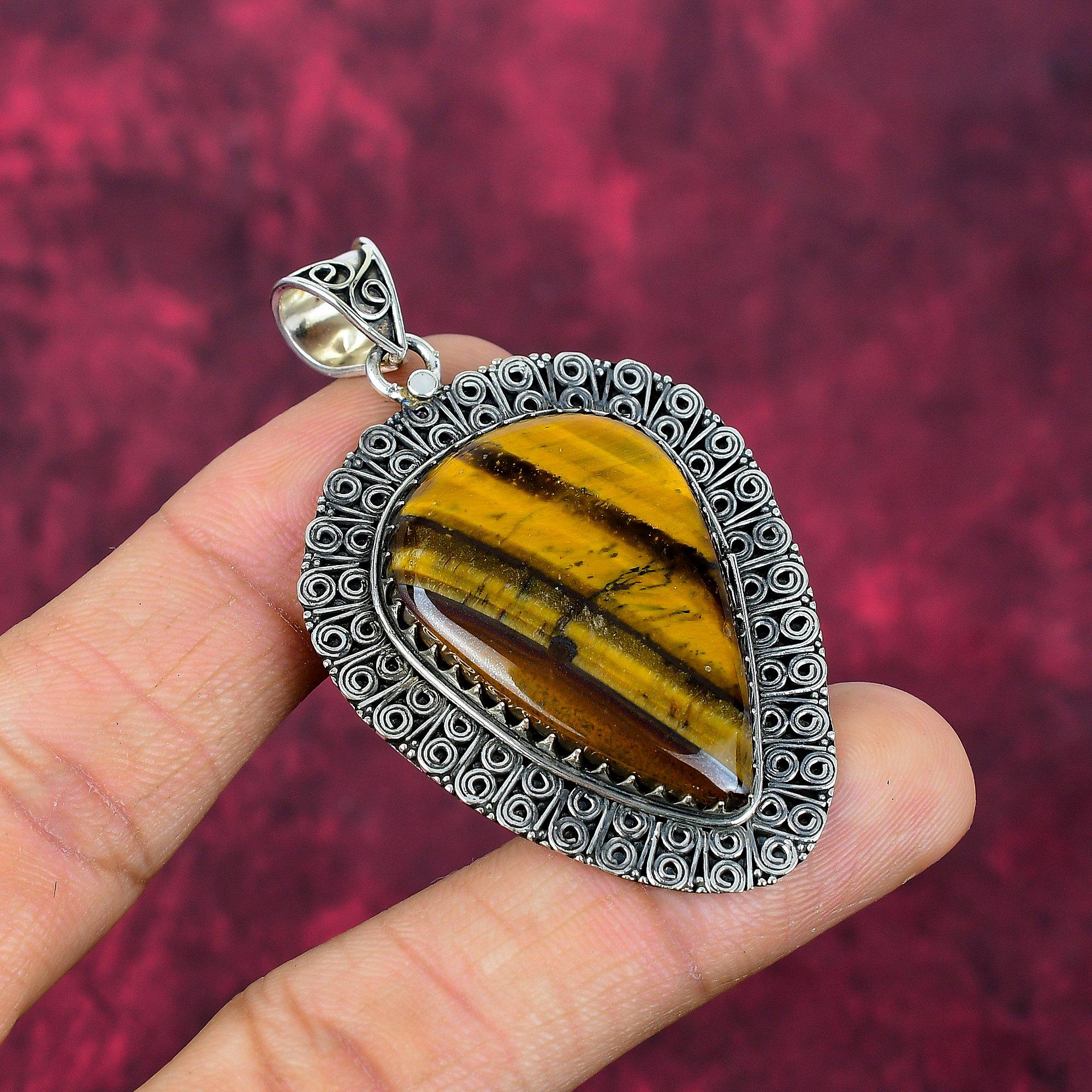 Tiger's Eye 925 Solid Sterling Silver Pendant, Handmade Gemstone Pendant, Gift For Mom Antique Jewelry