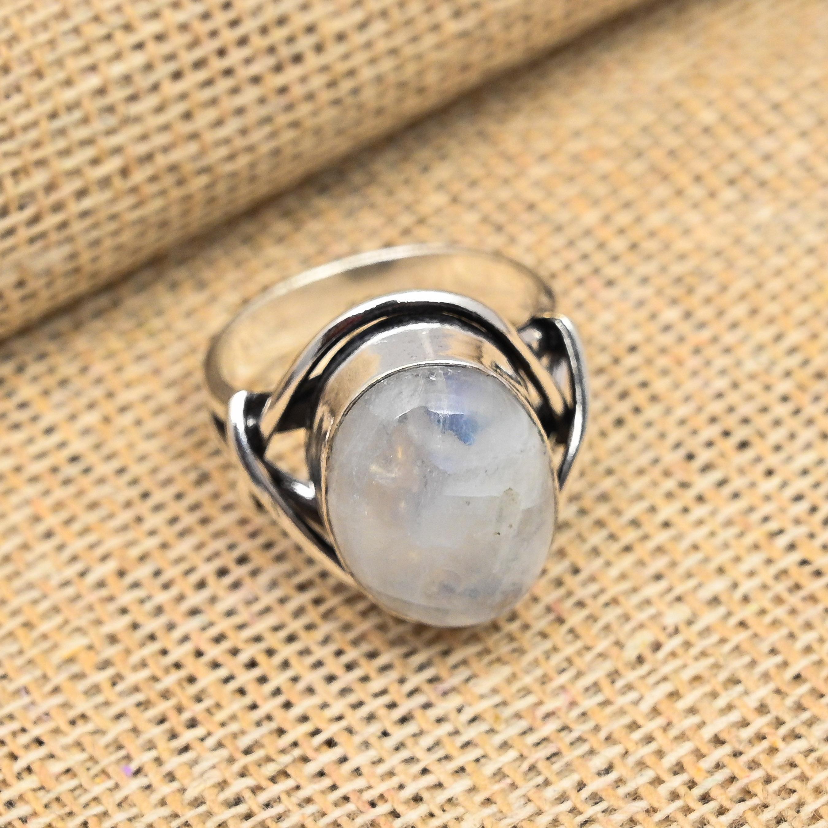 Χειροποίητο κοσμηματοπωλείο δαχτυλίδι Rainbow Moonstone Gemstone 925 Sterling