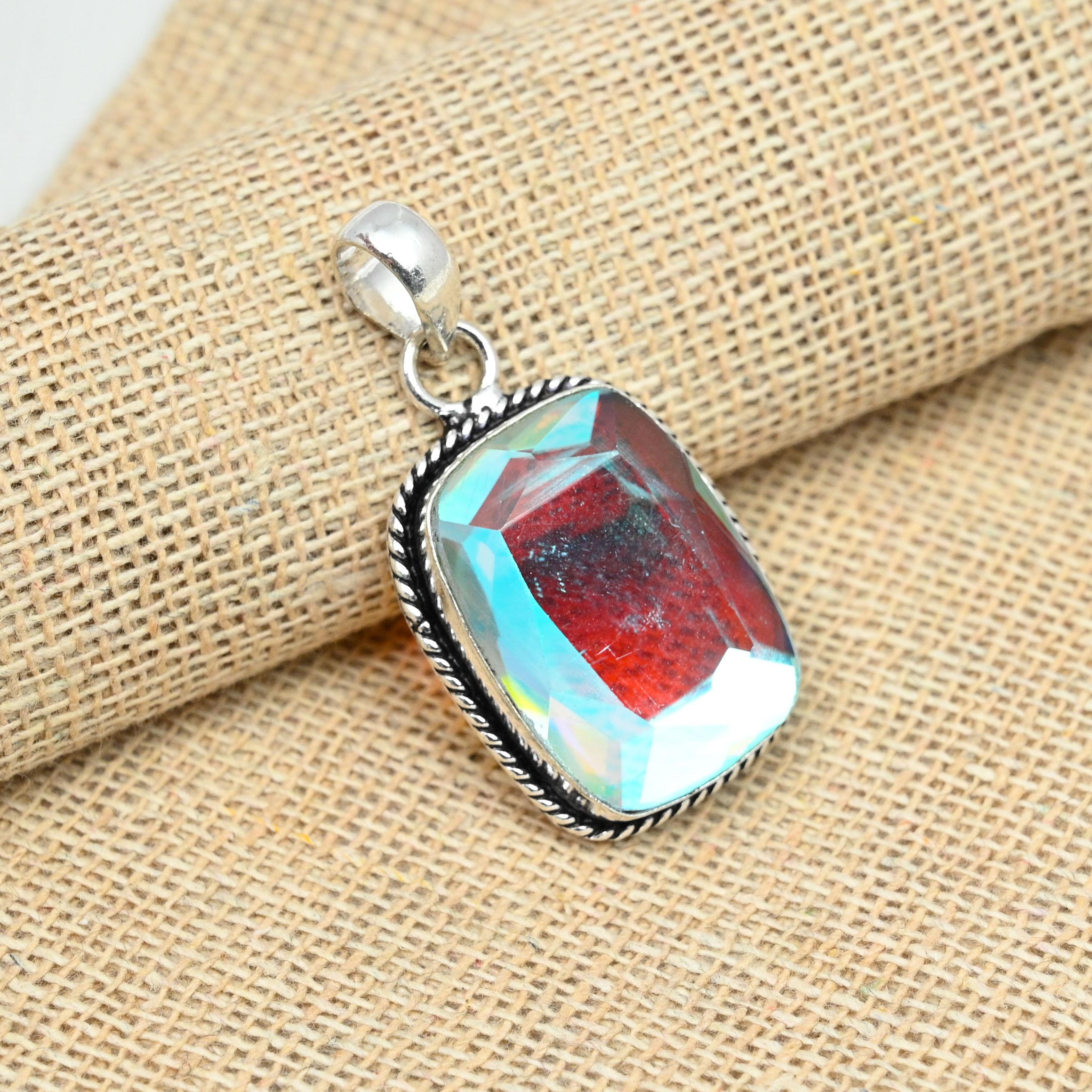 Rainbow Mystic Topaz Gemstone 925 Solid Silver Handmade Lovely Pendant Jewelry