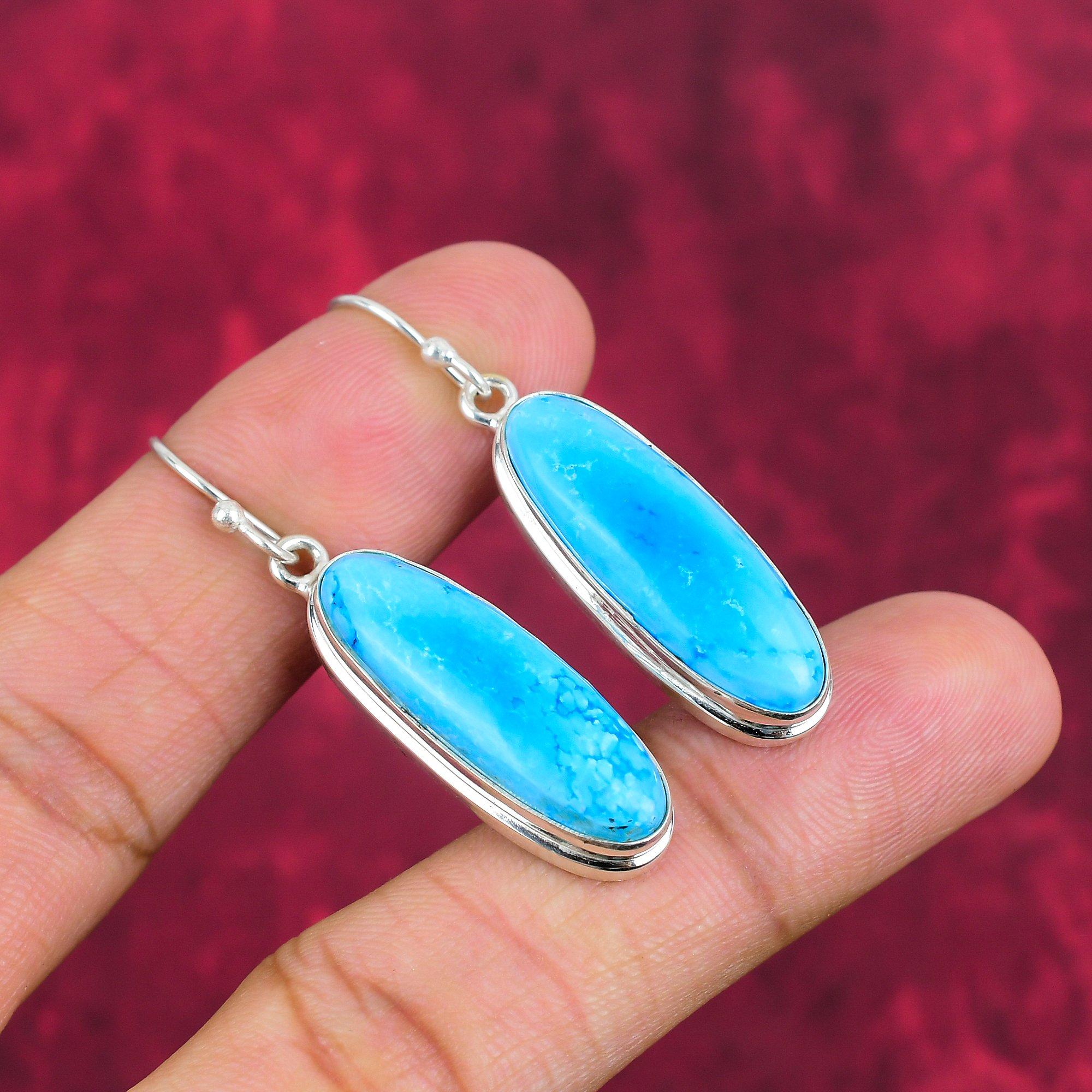 Blaue Türkis Handgemachte Edelstein Ohrringe, 925 Sterling Silber Antik Schmuck Ohrringe, Für Verlobungsgeschenk