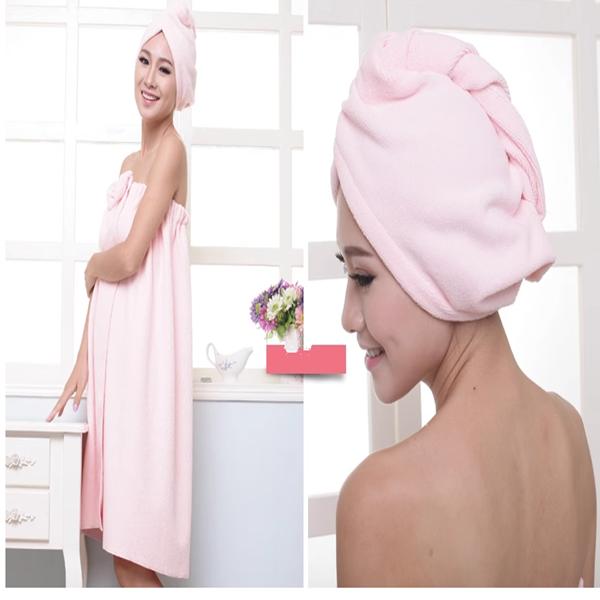 Women's Cute Bowknot Quick-Dry Bath Towel Spa Wraps and Shower Cap Bathrobe Set