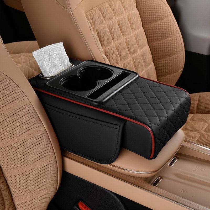SEAMETAL 3 IN 1 Car Armrest Cushion Memory Foam Height Pad PU Leather Tissue Box with 2 Cup Holder