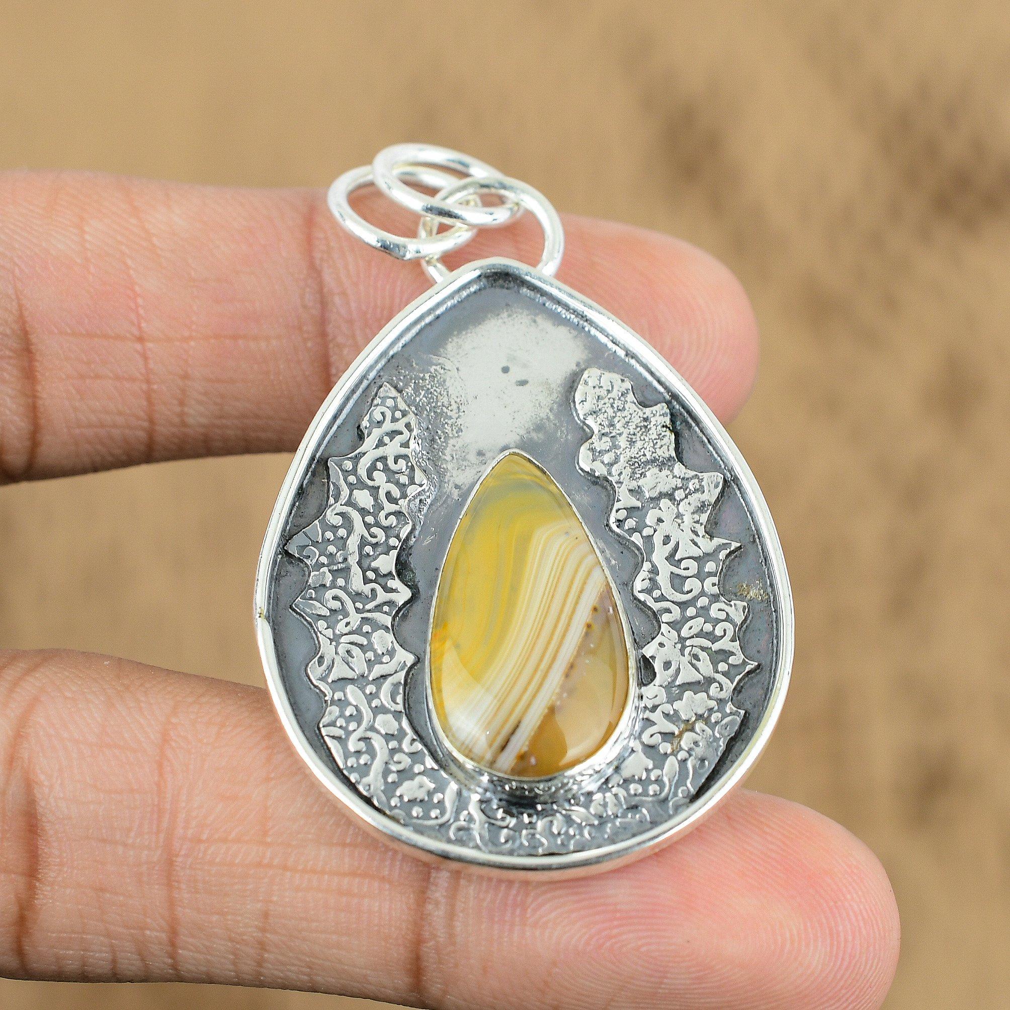 Wedding Gift For Her 925 Sterling Silver Natural Botswana Agate Gemstone Pendant
