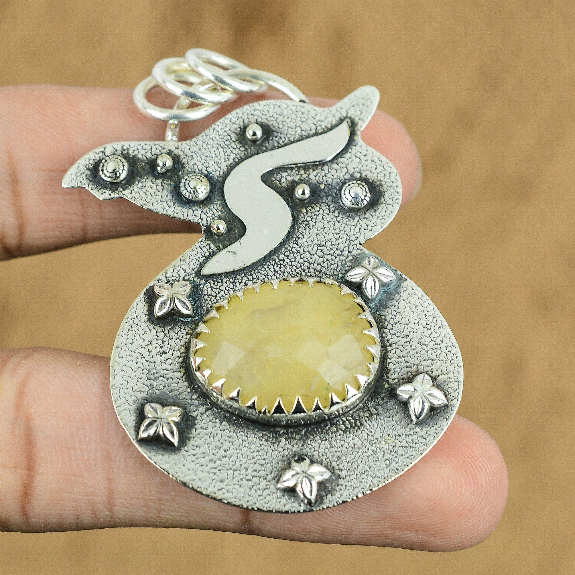 Wedding Gift For Her 925 Silver Natural Yellow Aventurine Gemstone Pendant