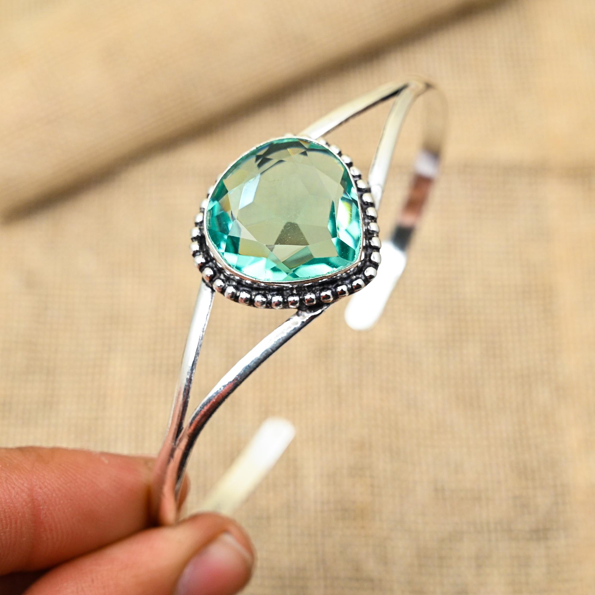 Aqua Apatite Gemstone Handmade 925 Solid Sterling Silver Jewelry Cuff For Wedding Gift