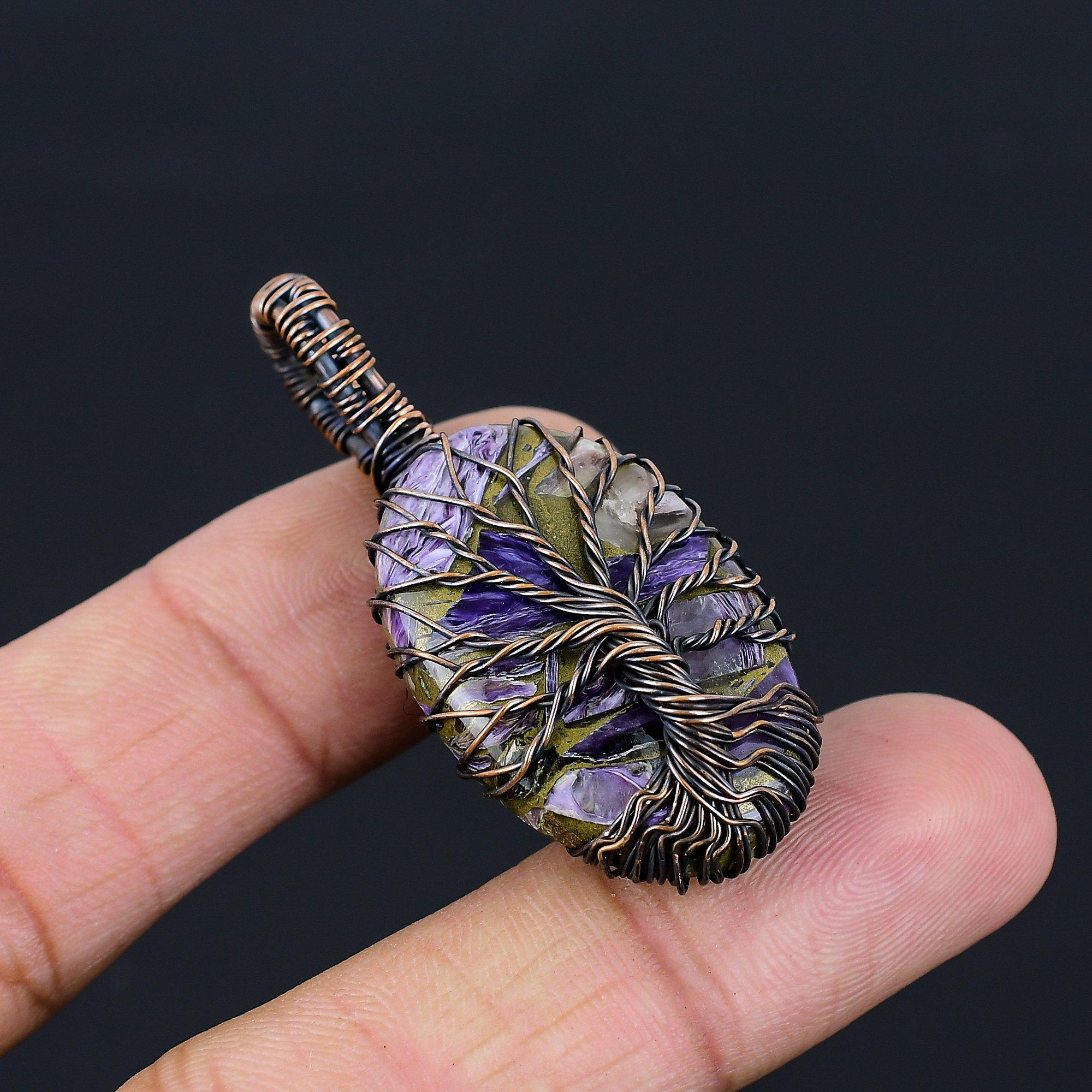 Tree Of Life Copper Charoite Gemstone Pure Copper Wire Wrapped Handmade Pendant Jewelry