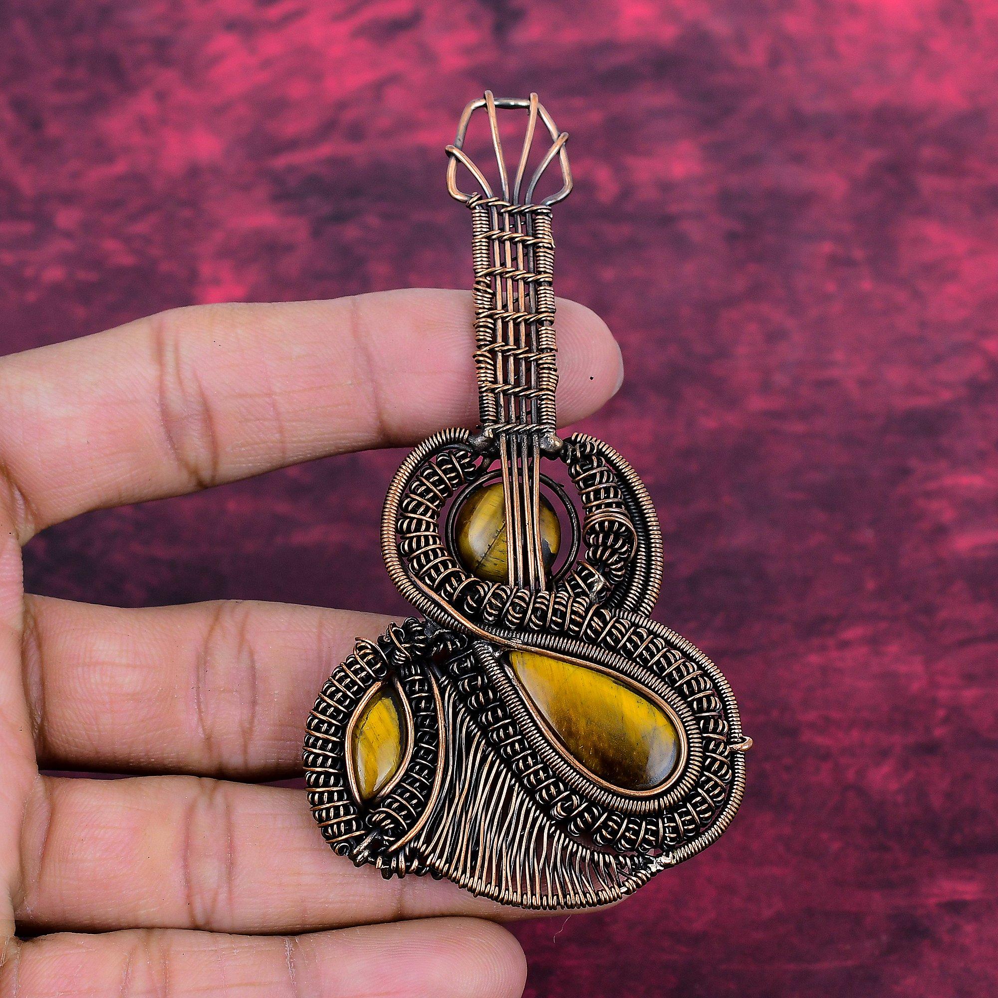 Tiger's Eye Gemstone Pendant Copper Wire Wrapped Jewelry Handmade Guitar Pendant