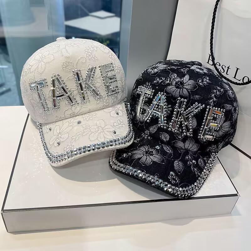 Women's Baseball Cap Letter Rhinestone Flower Adjustable Sun Hat for Outdoor Street Style