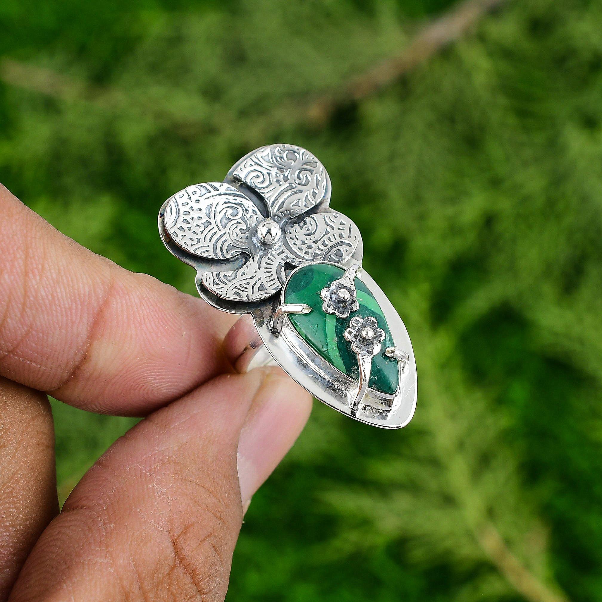 Pear Russian Malachite Gemstone Sterling Silver Bezel Statement Flower New Ring