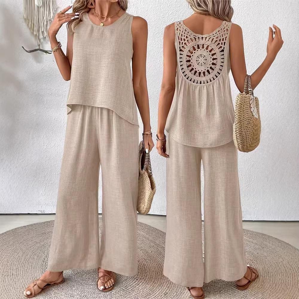 Set da donna casual alla moda, tinta unita, schiena con intaglio floreale, elegante, due pezzi