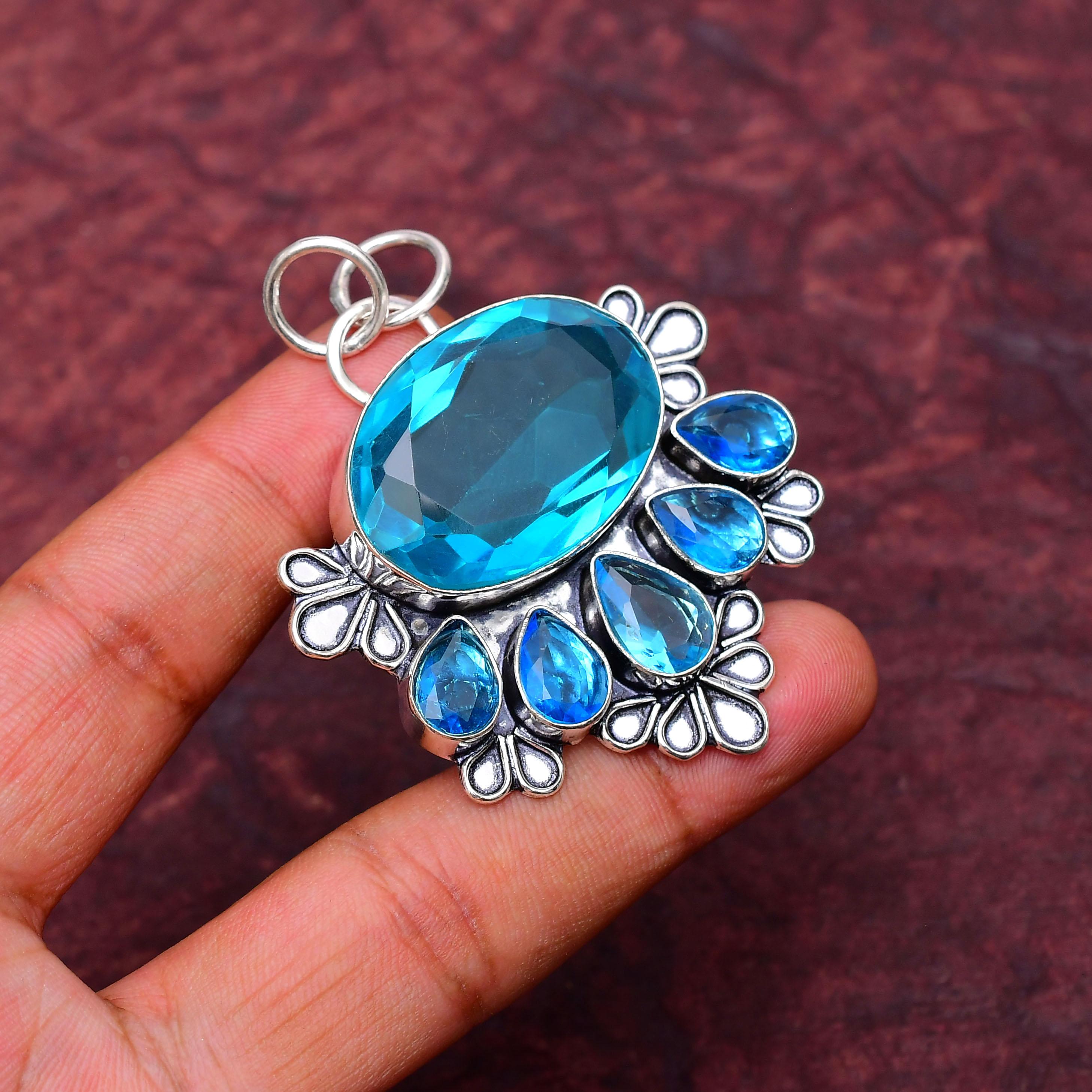 Awesome Blue Topaz Gemstone Pendant: 925 Sterling Silver Handmade Pendant Necklace Jewelry