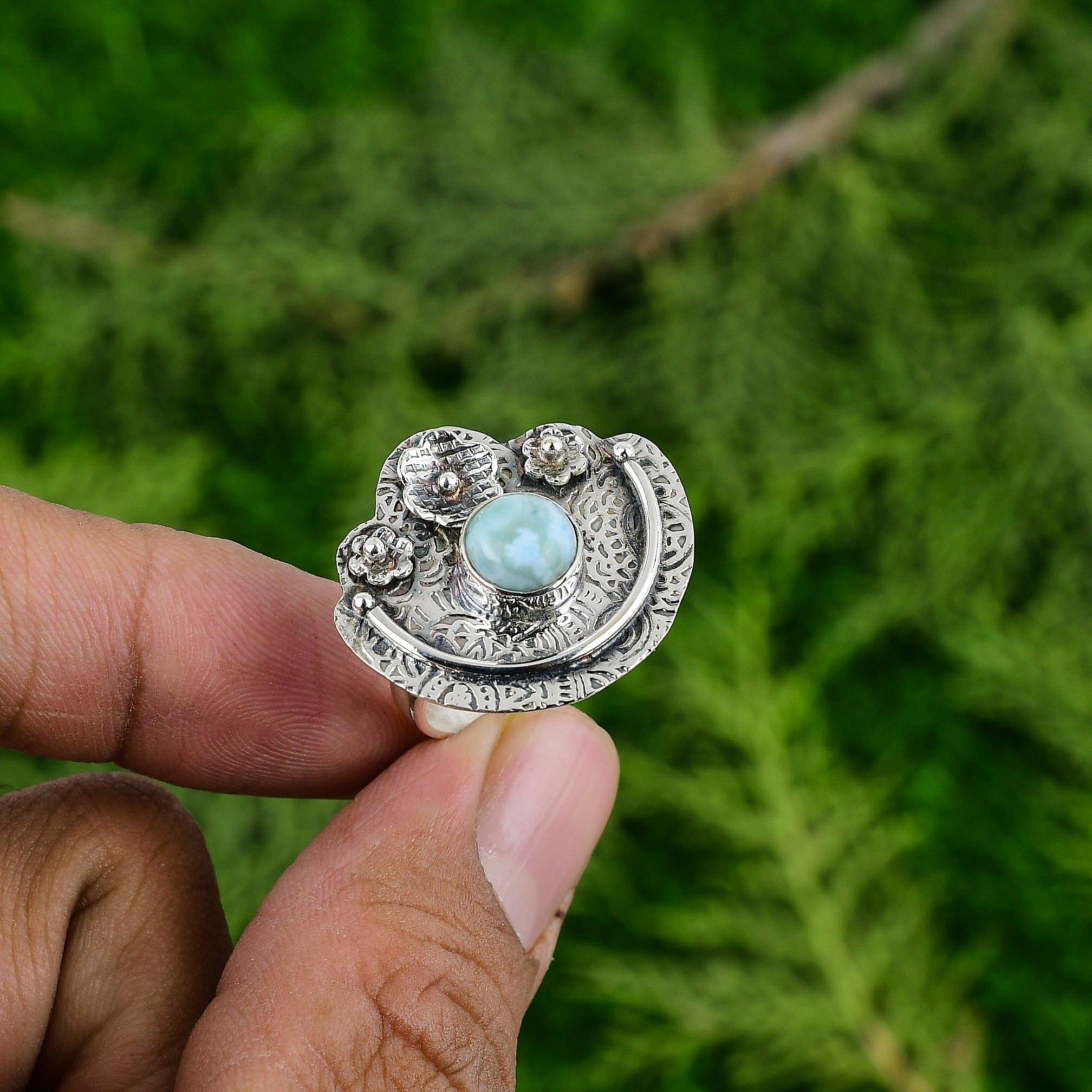 Natural Larimar Gemstone 925 Silver Multi Stone Flower Adjustable Ring For Women