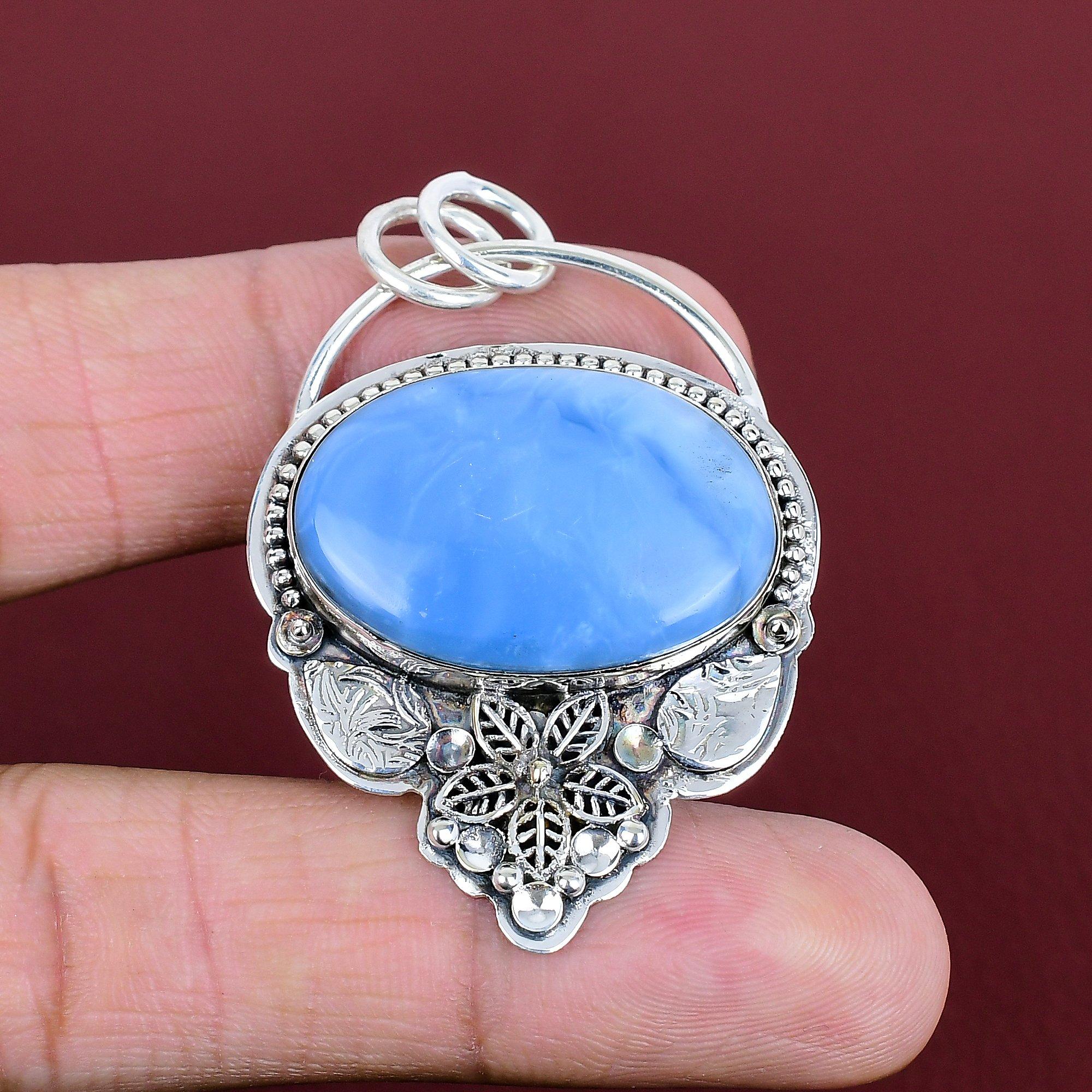 Owyhee Blue Opal Pendant Handmade Original Gemstone Pendant 925 Sterling Silver Pendant Antique Jewelry Dainty Flower Pendant Wedding Gifts
