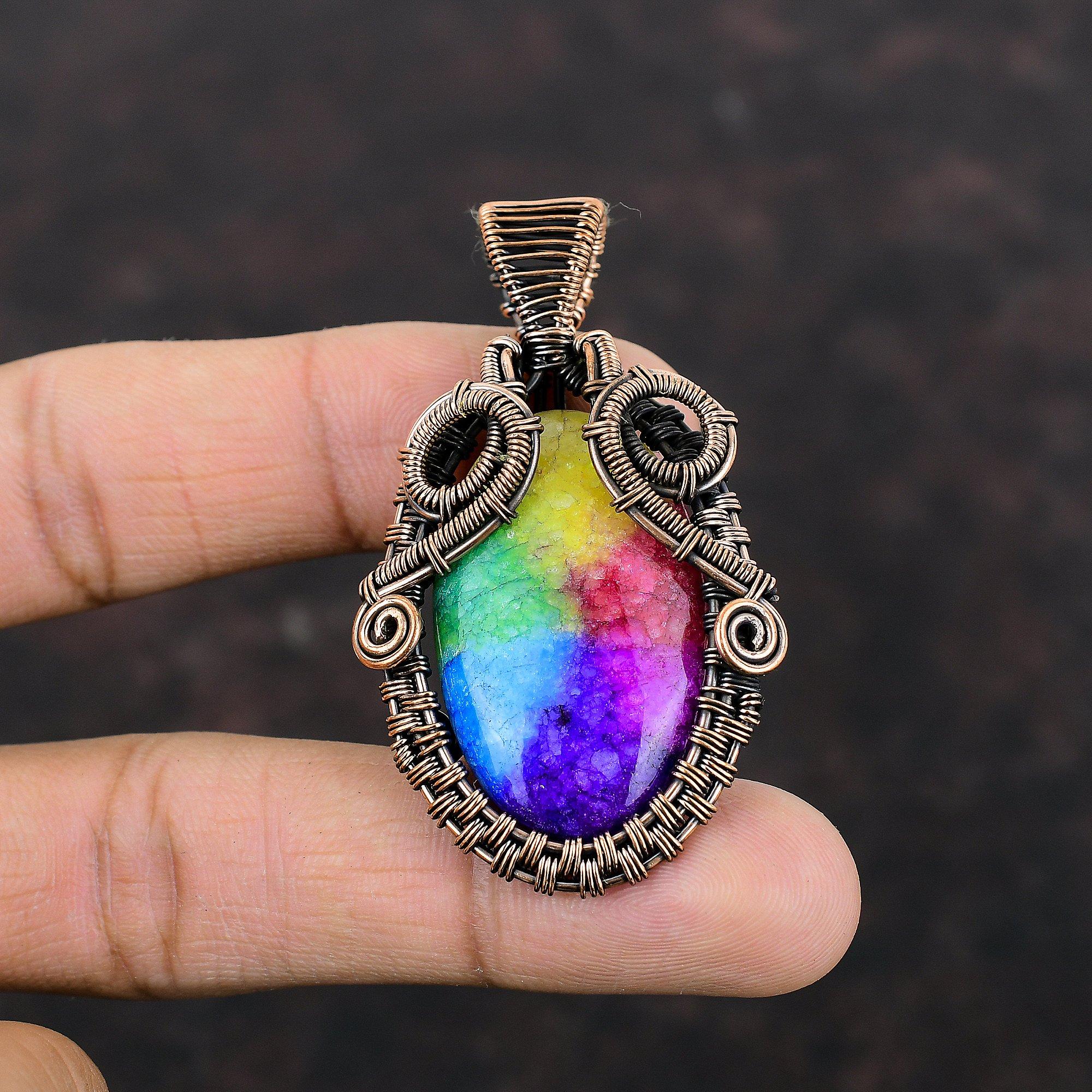 Rainbow Solar Quartz Druzy Pendant Copper Wire Wrapped Pendant Gemstone Copper Jewelry Stylish Pendant Gift For Anniversary Handmade Jewelry
