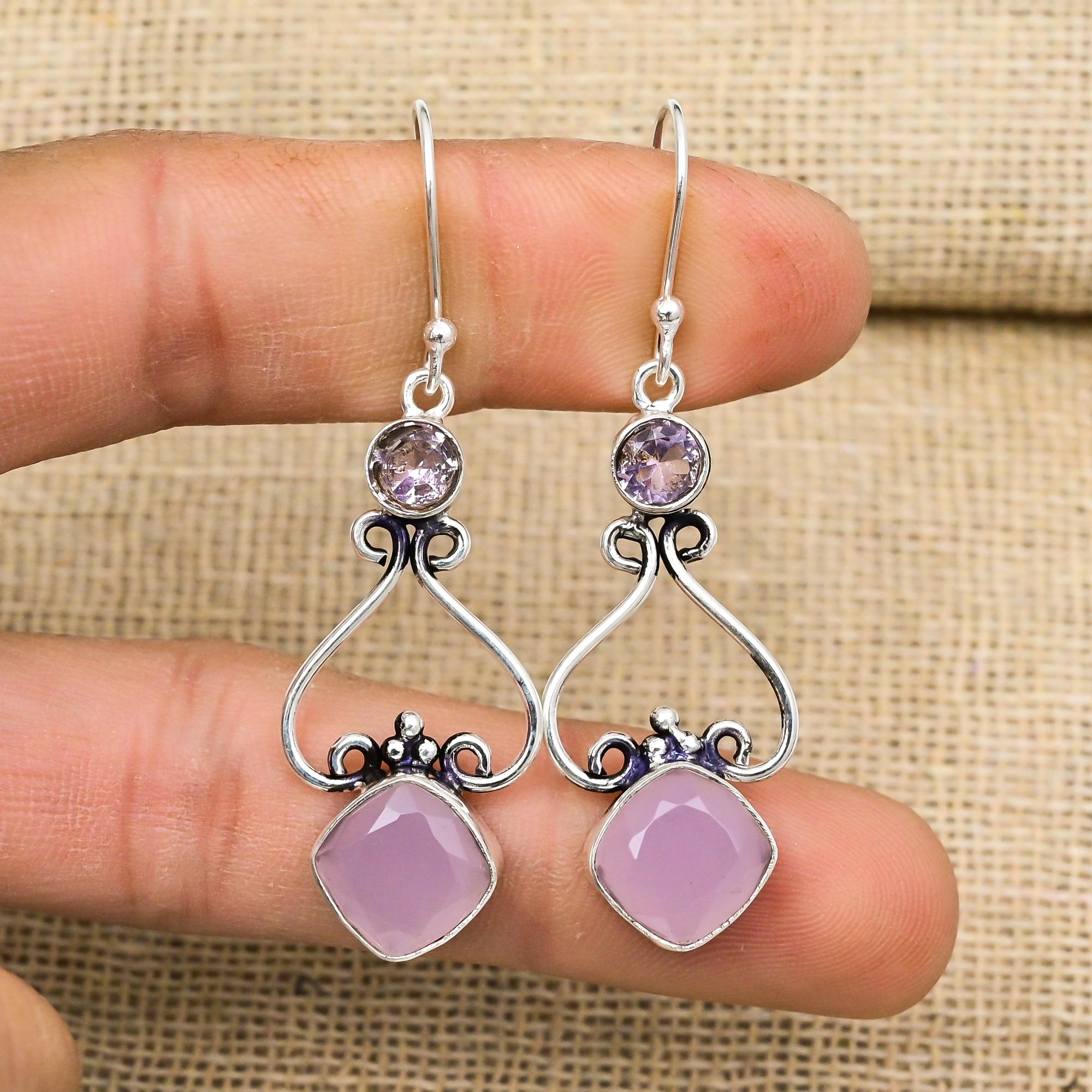 Pink Chalcedony, Kunzite Gemstone Handmade 925 Sterling Silver Jewelry Gorgeous Earrings Gift For Love