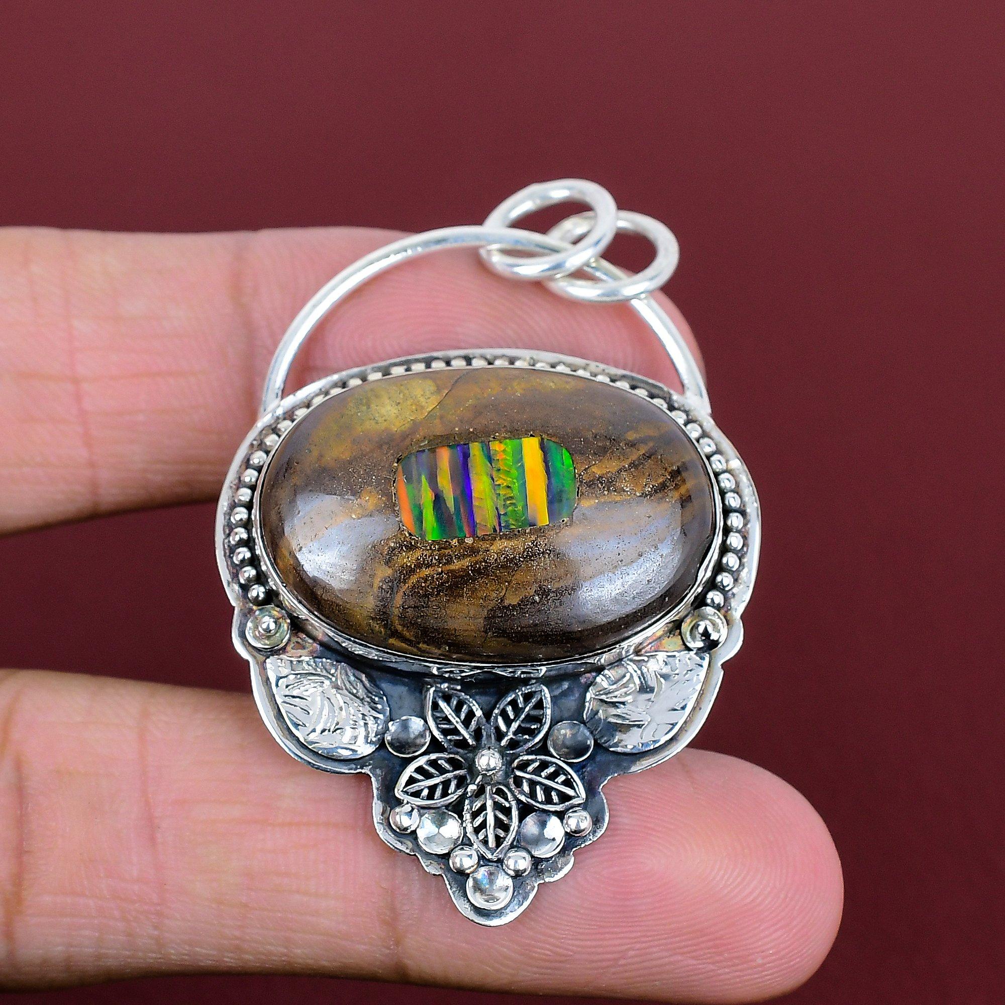 Ethopian opal in boulder opal pendant flower pendant awesome gemstone jewelry 925 sterling silver pendant handmade jewelry anniversary gifts