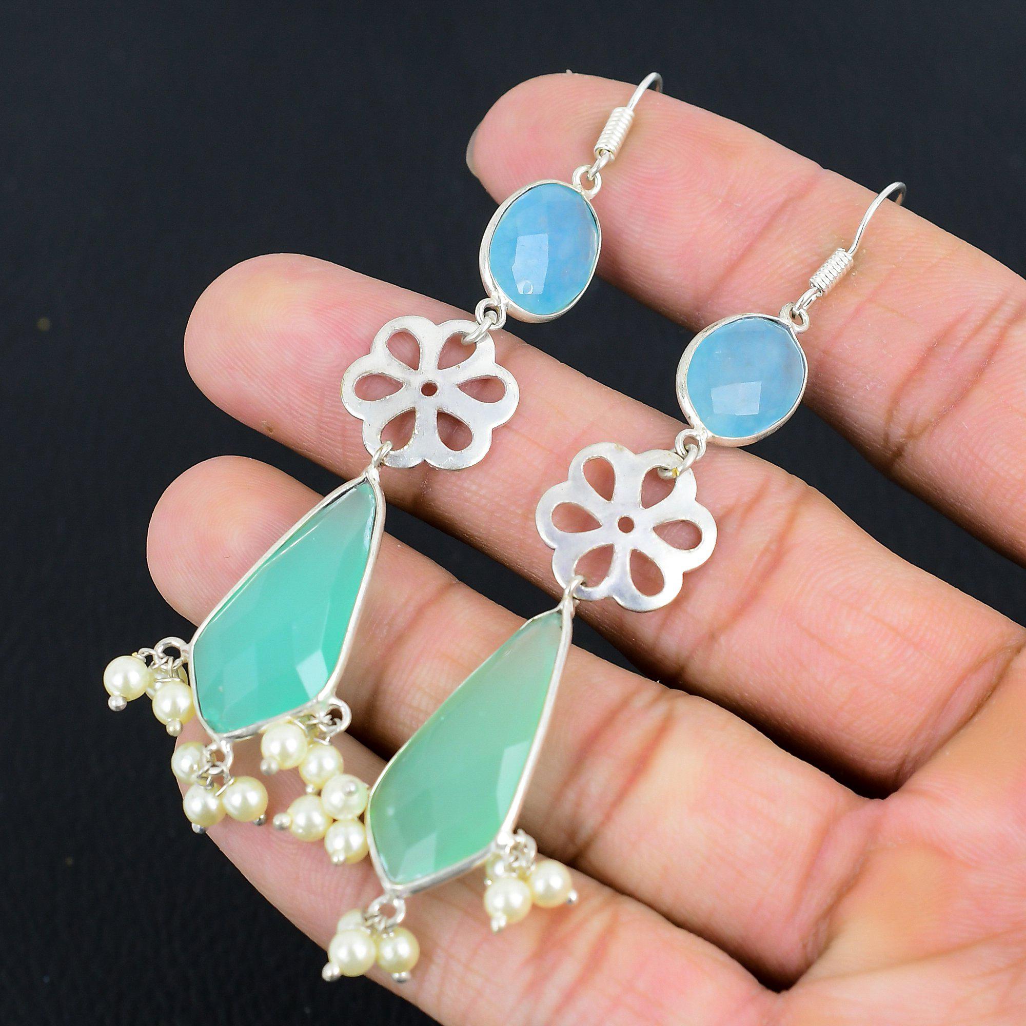 Orecchini Boho con Pietra di Calcedonio Verde Argento 925 Pendenti a Goccia Gioielli per Fidanzamento